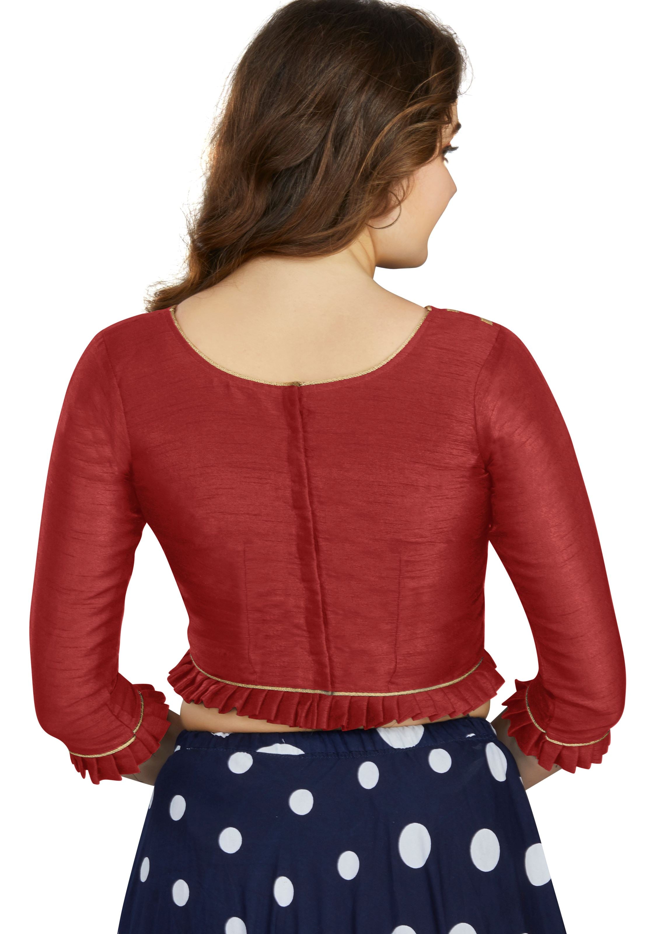 Maroon Art Silk Boat Neck Plain Blouse