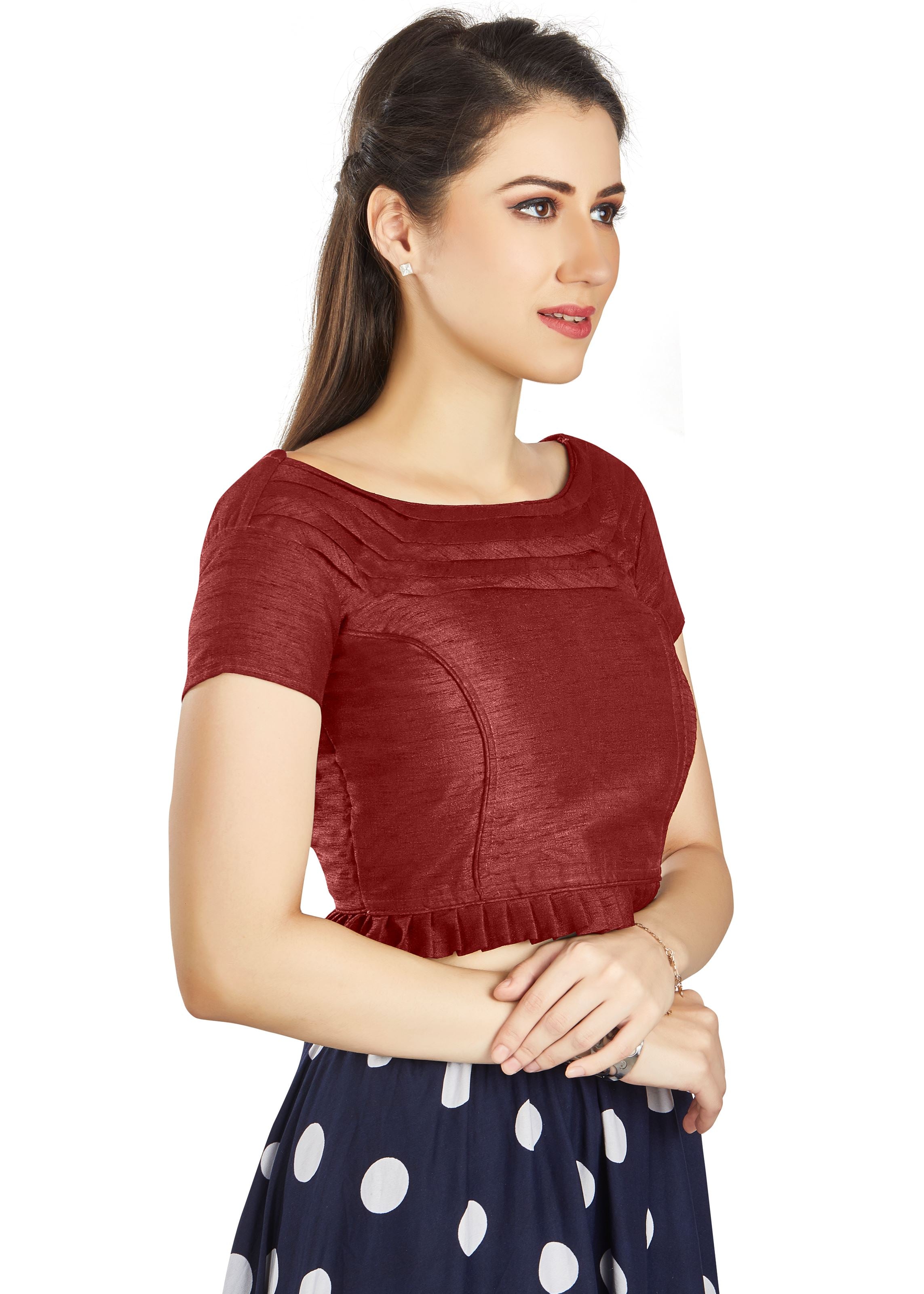 Maroon Art Silk Pleated Boat Neck Blouse With Princece Blouse