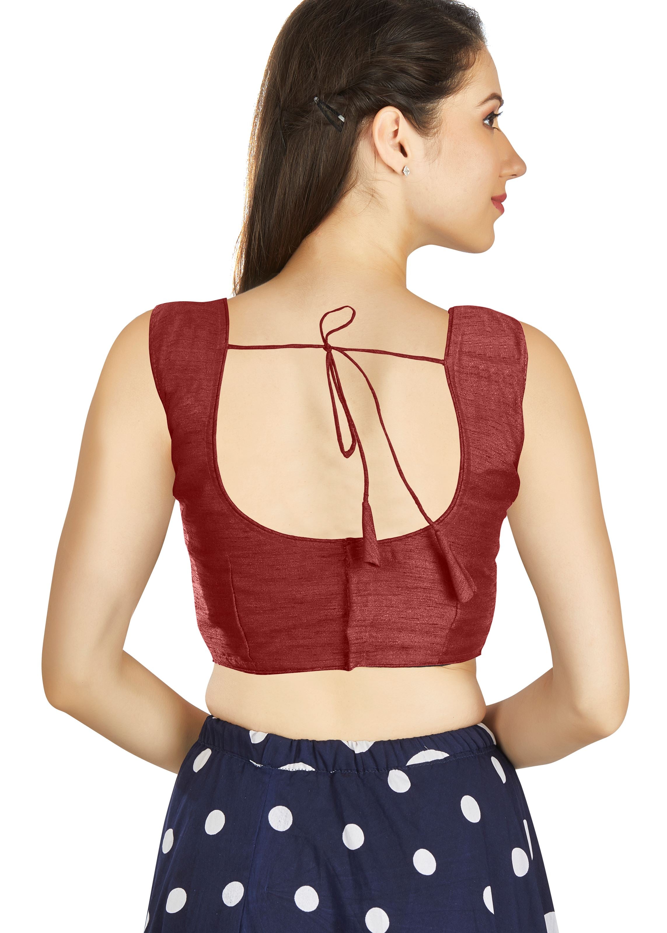 Maroon Art Silk Pleated Boat Neck Plain Blouse