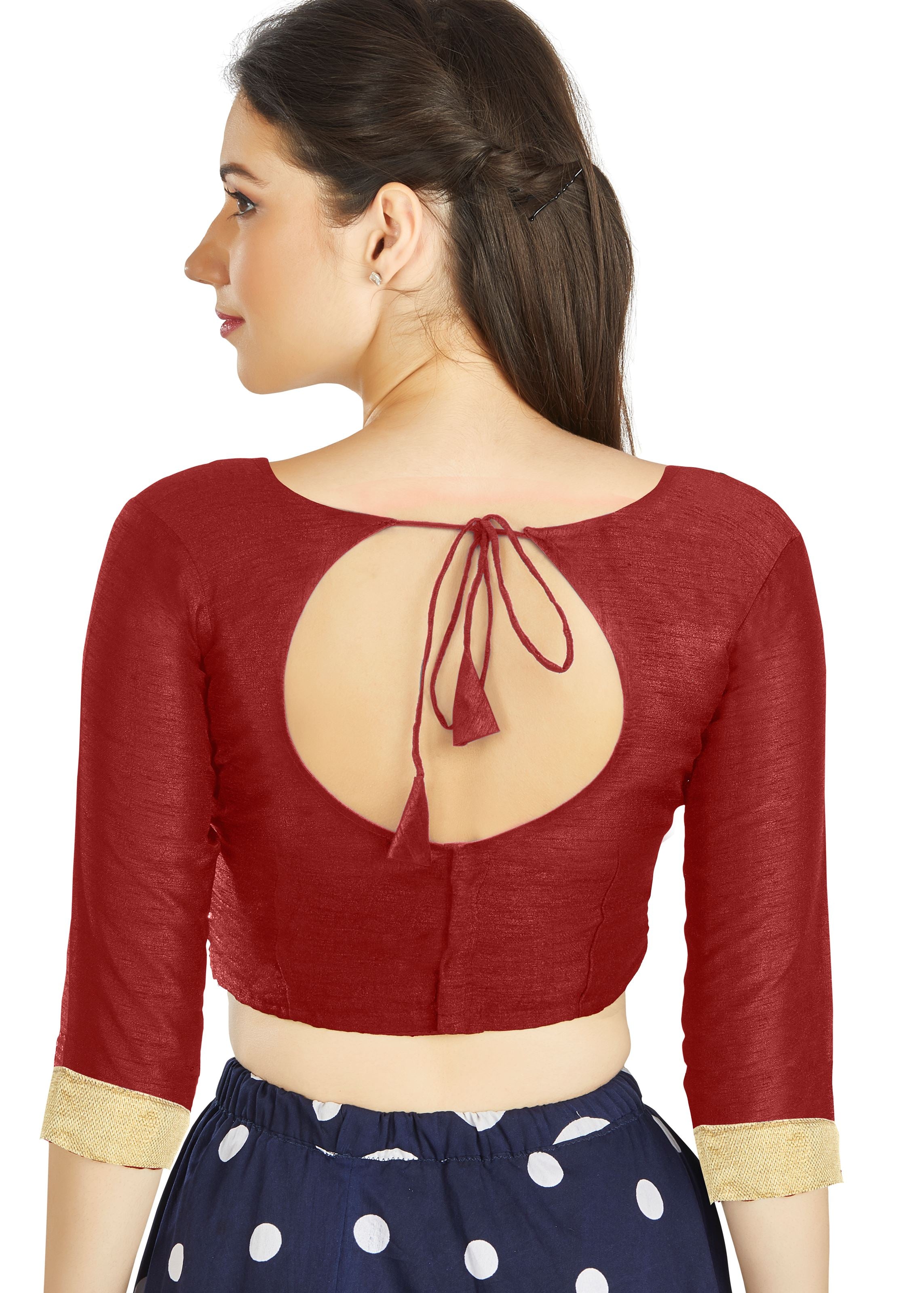 Maroon Art silk U Neck Blouse With Matty Work In Sleeve