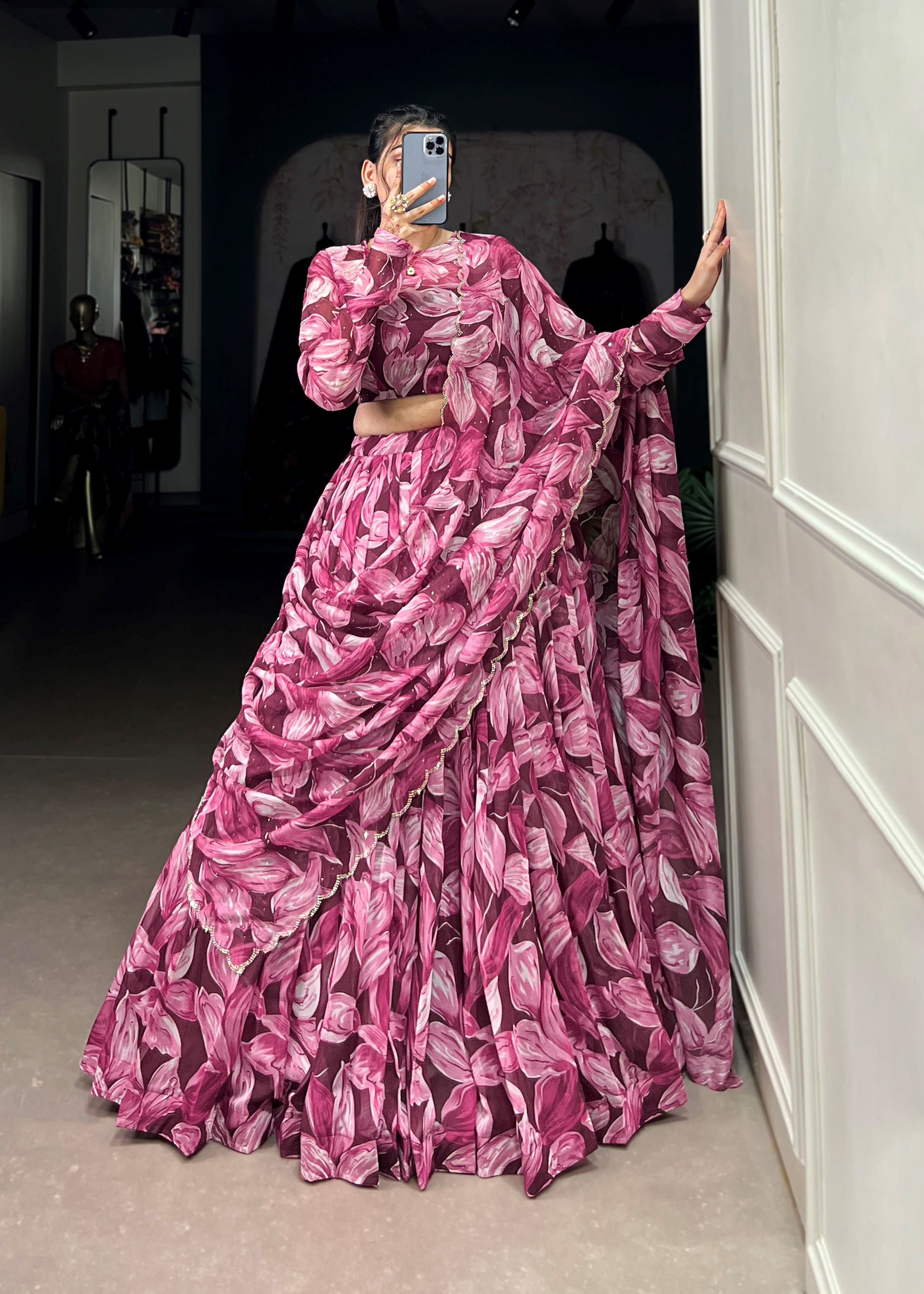 Maroon Elegance Printed Tabby Silk Lehenga with Hotfix Work