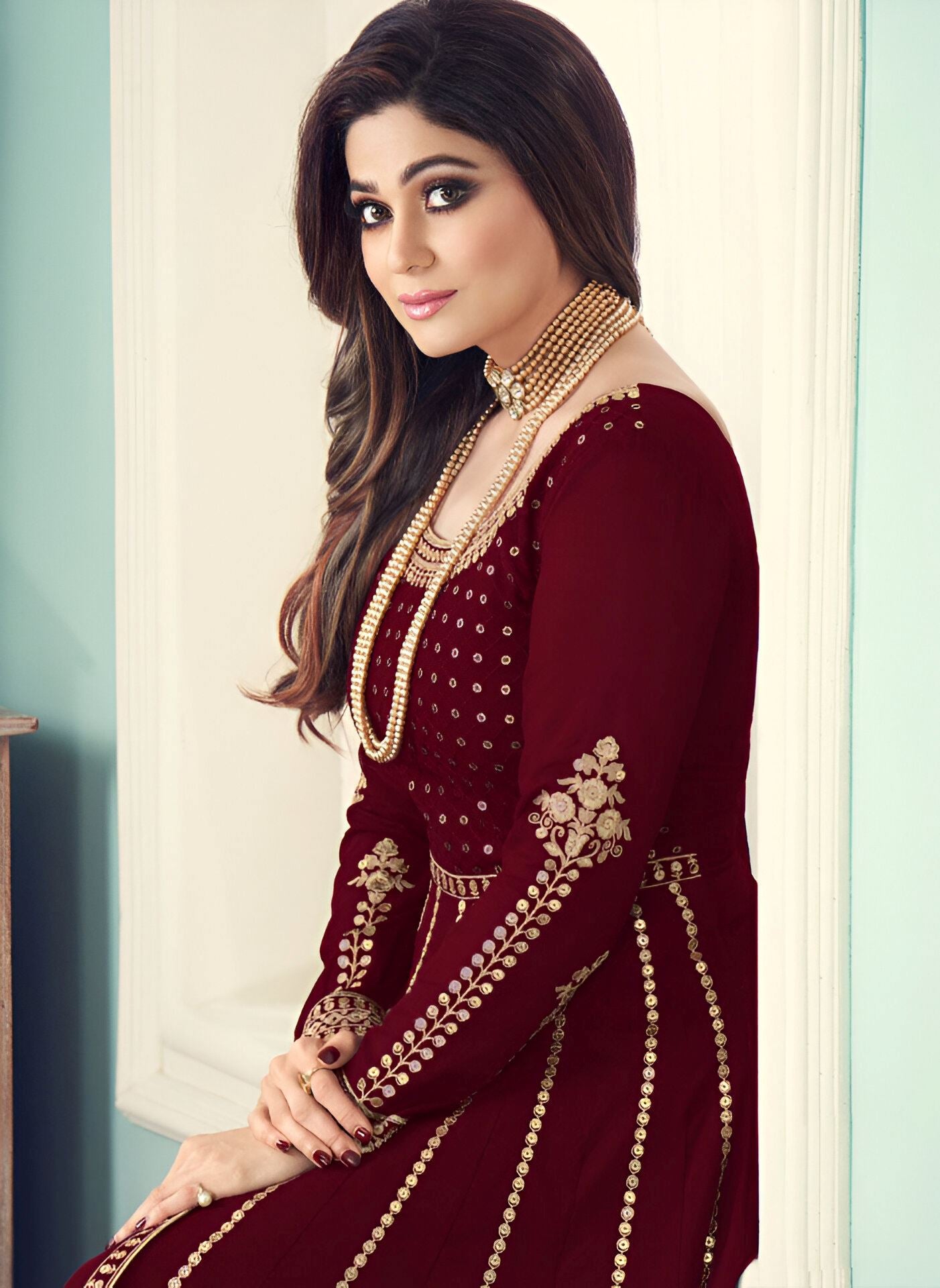 Maroon Heavy Designer Suit With Heavy Embroidery Work