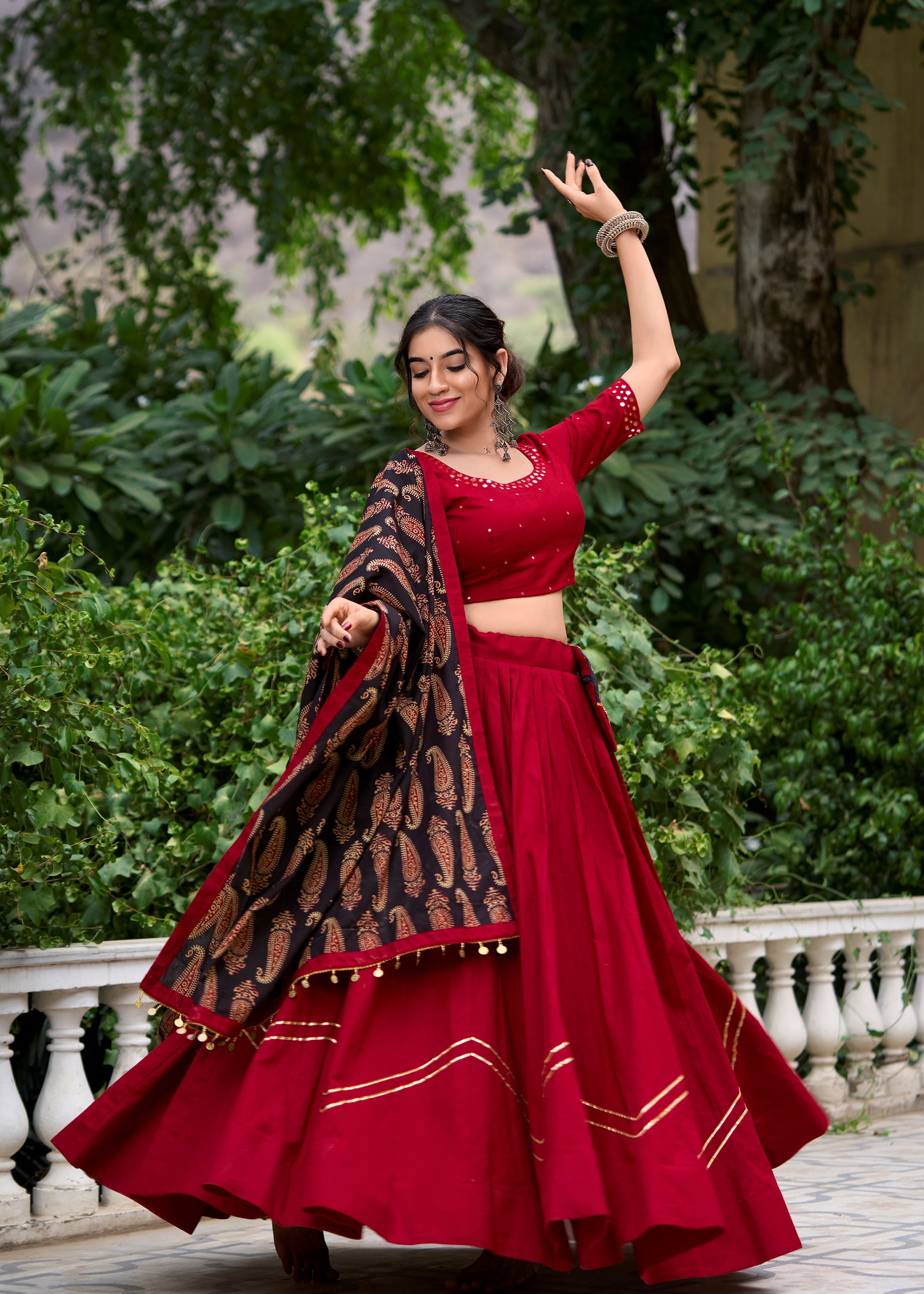 Maroon Pure Cotton Plain Lehenga Choli Accented with Subtle Gota Patti Elegance