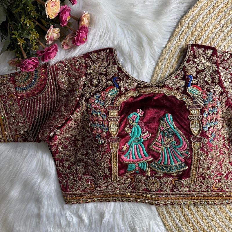 Maroon Royal Rajwadi Velvet Wedding Blouse with Dulha Dulhan Embroidery