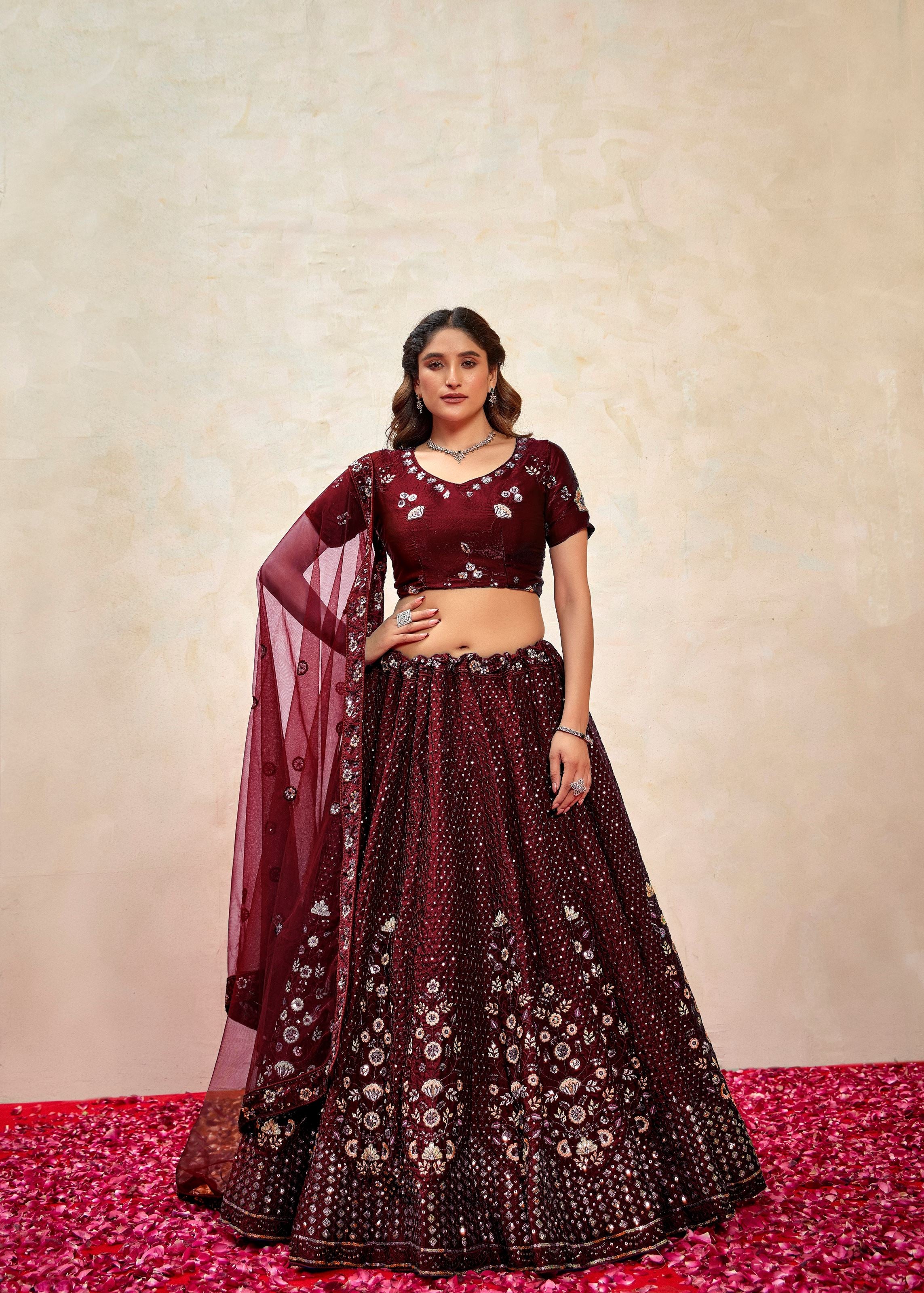 Maroon Silk Lehenga with Handworked Sequin Design