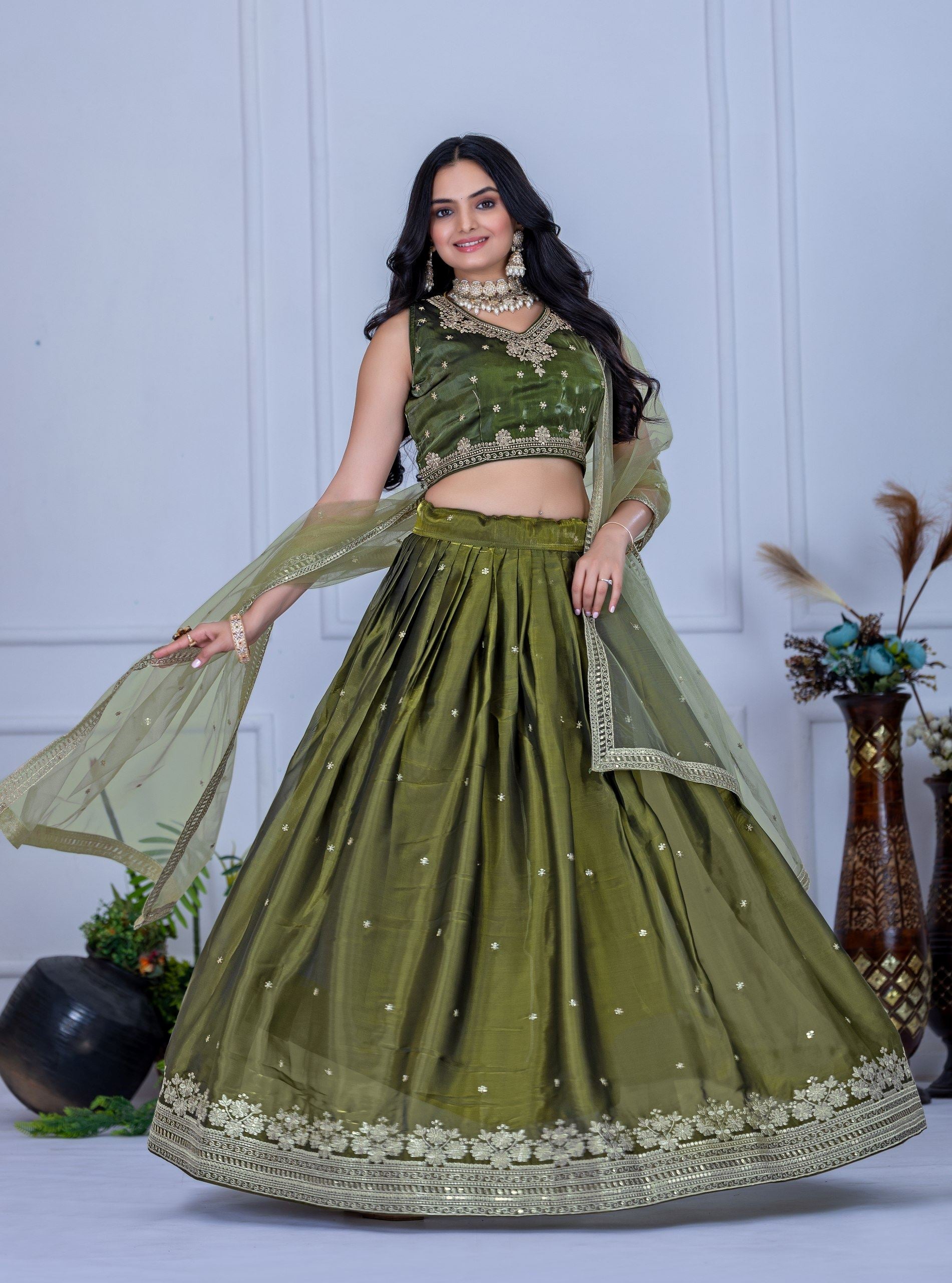Mehandigreen Lehenga Choli With Embroidery With Zari Thread Sequence Work