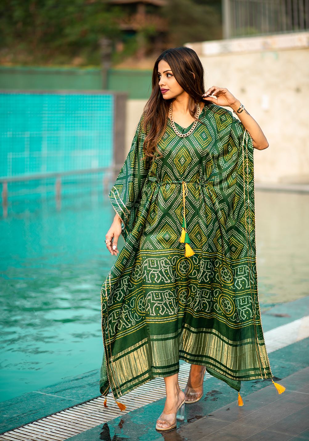 Mehendi Color Pure Gaji Silk Kaftan with Gotta Patti Tassels