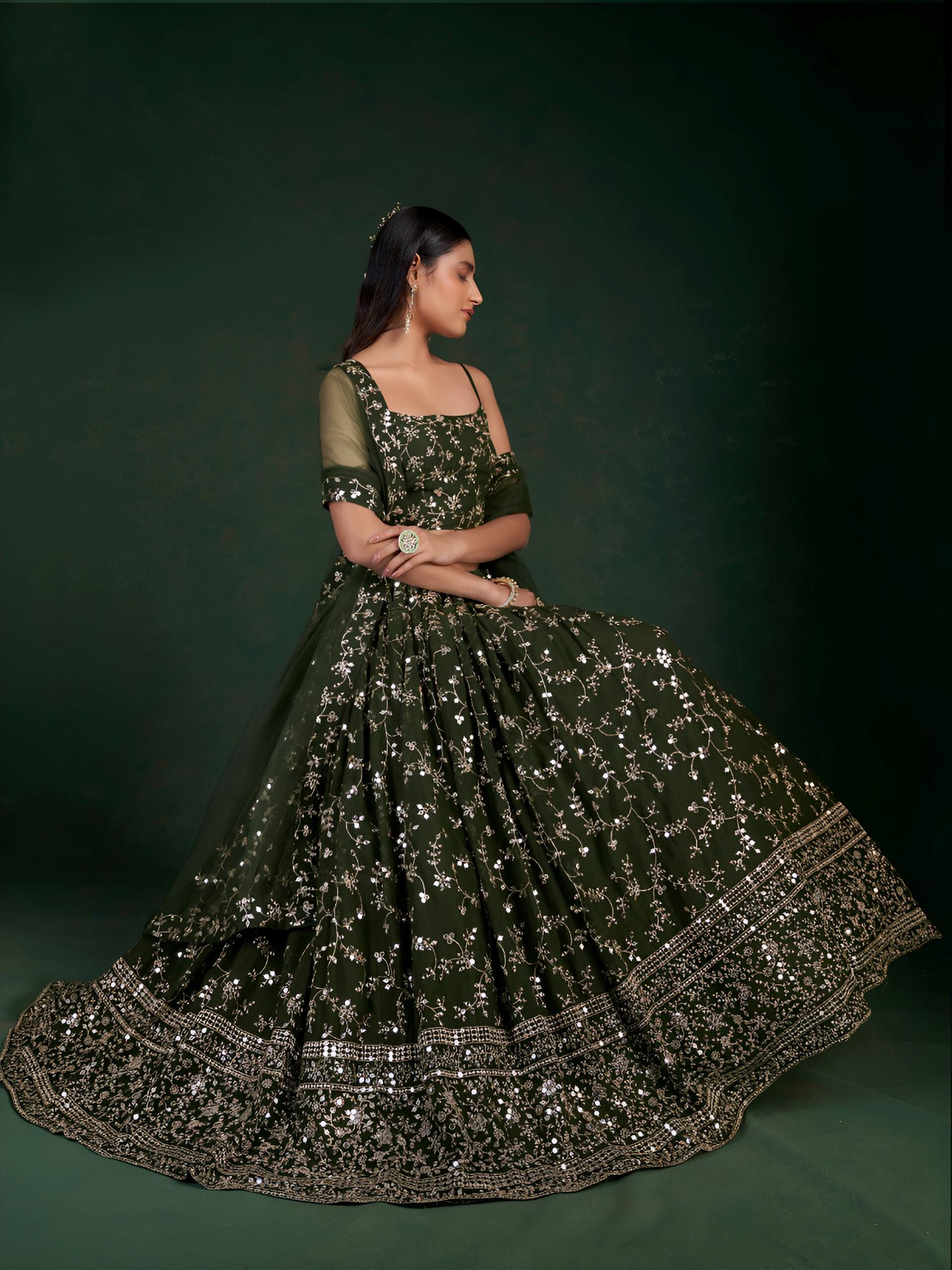 Mehendi Green Lehenga Choli with Heavy Sequence Zari work