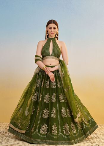 Mehendi green Lehenga Choli With Tone To Tone Thread Work Zari Work and Sequence Work Embroidery With Readymade Fancy Lace