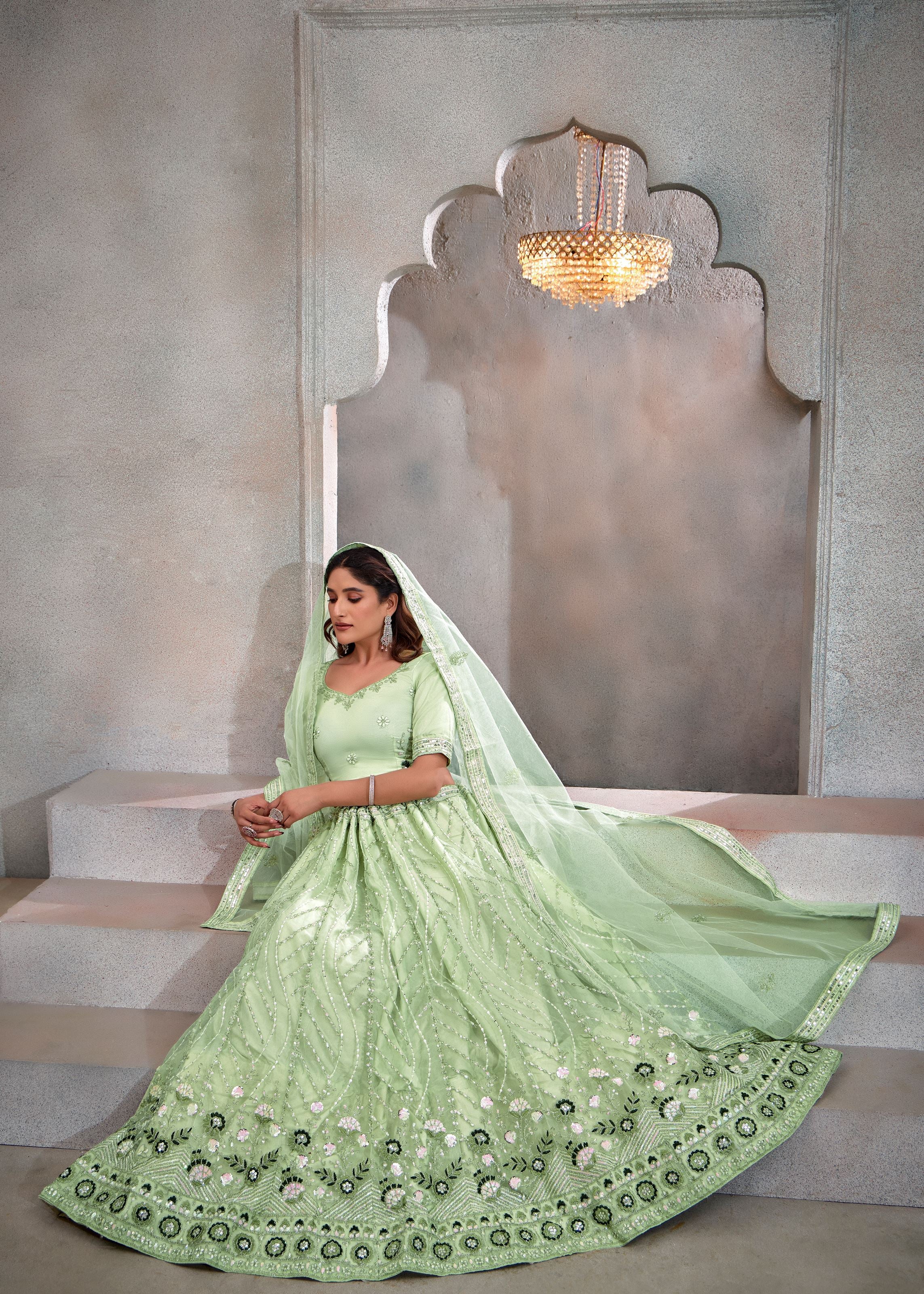Mint Green Net Lehenga with Delicate Sequin Embroidery