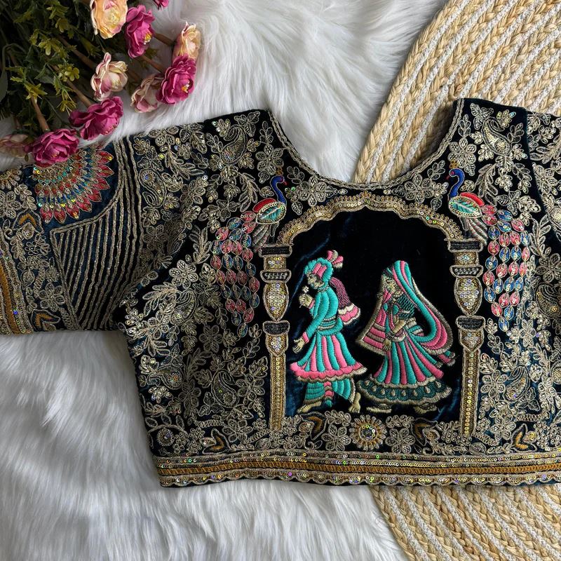 Morepeach Royal Rajwadi Velvet Wedding Blouse with Dulha Dulhan Embroidery