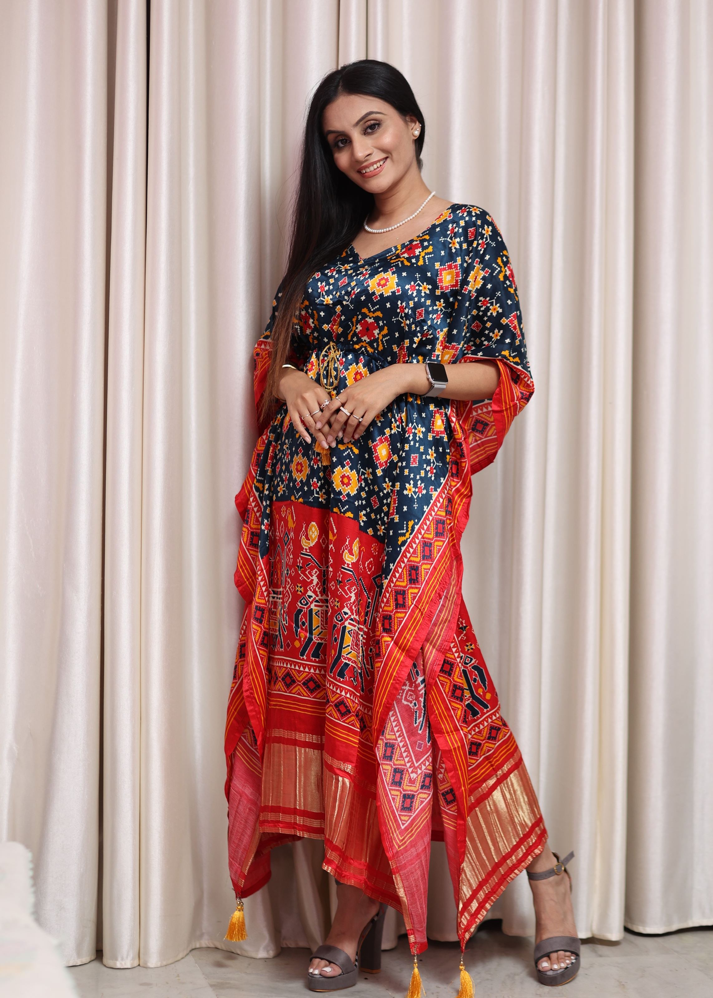 Multi Color Pure Gaji Silk Kaftan with Gotta Patti Tassels