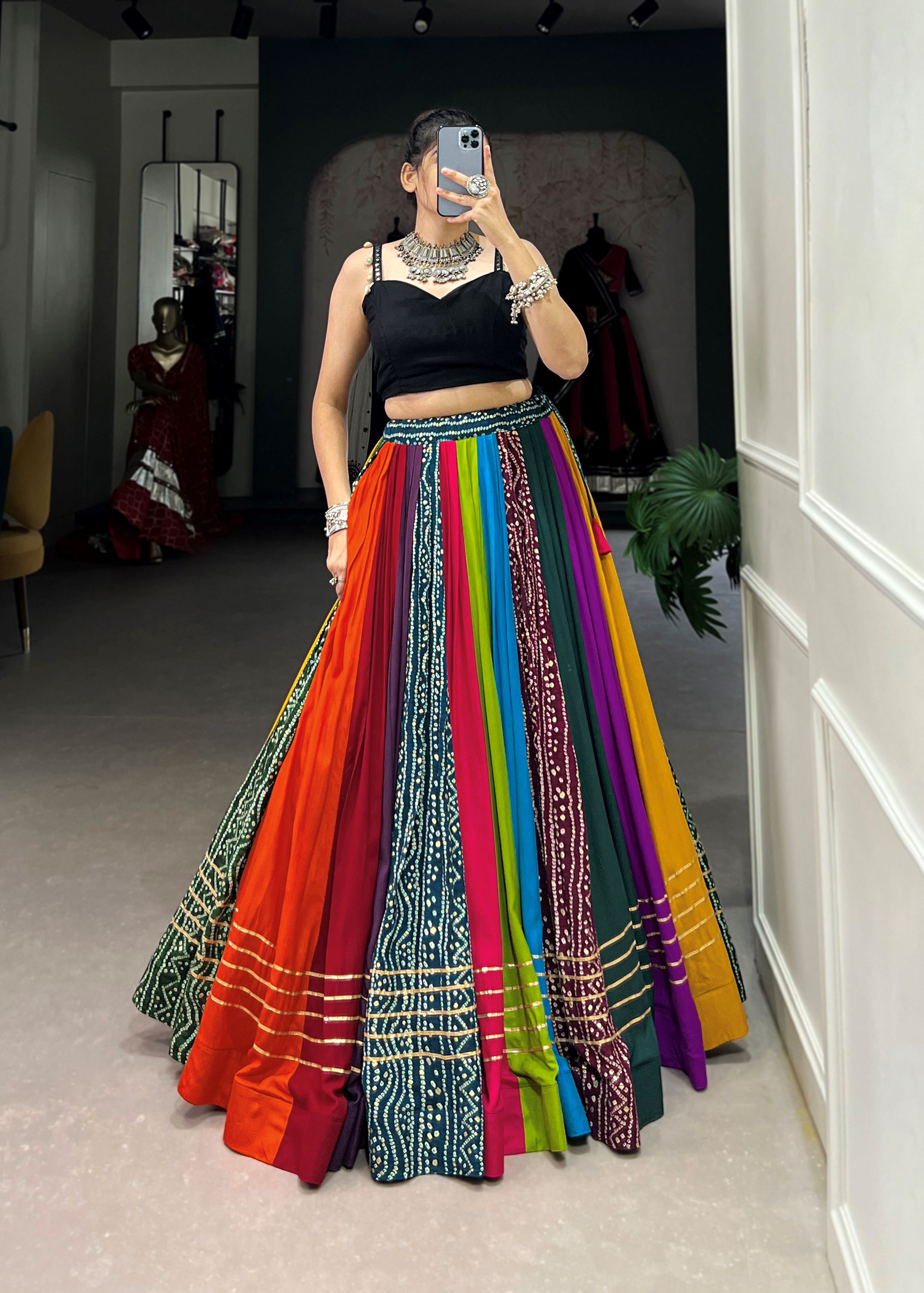 Multi Printed Rayon Lehenga Choli with Festive Gota Patti Detailing