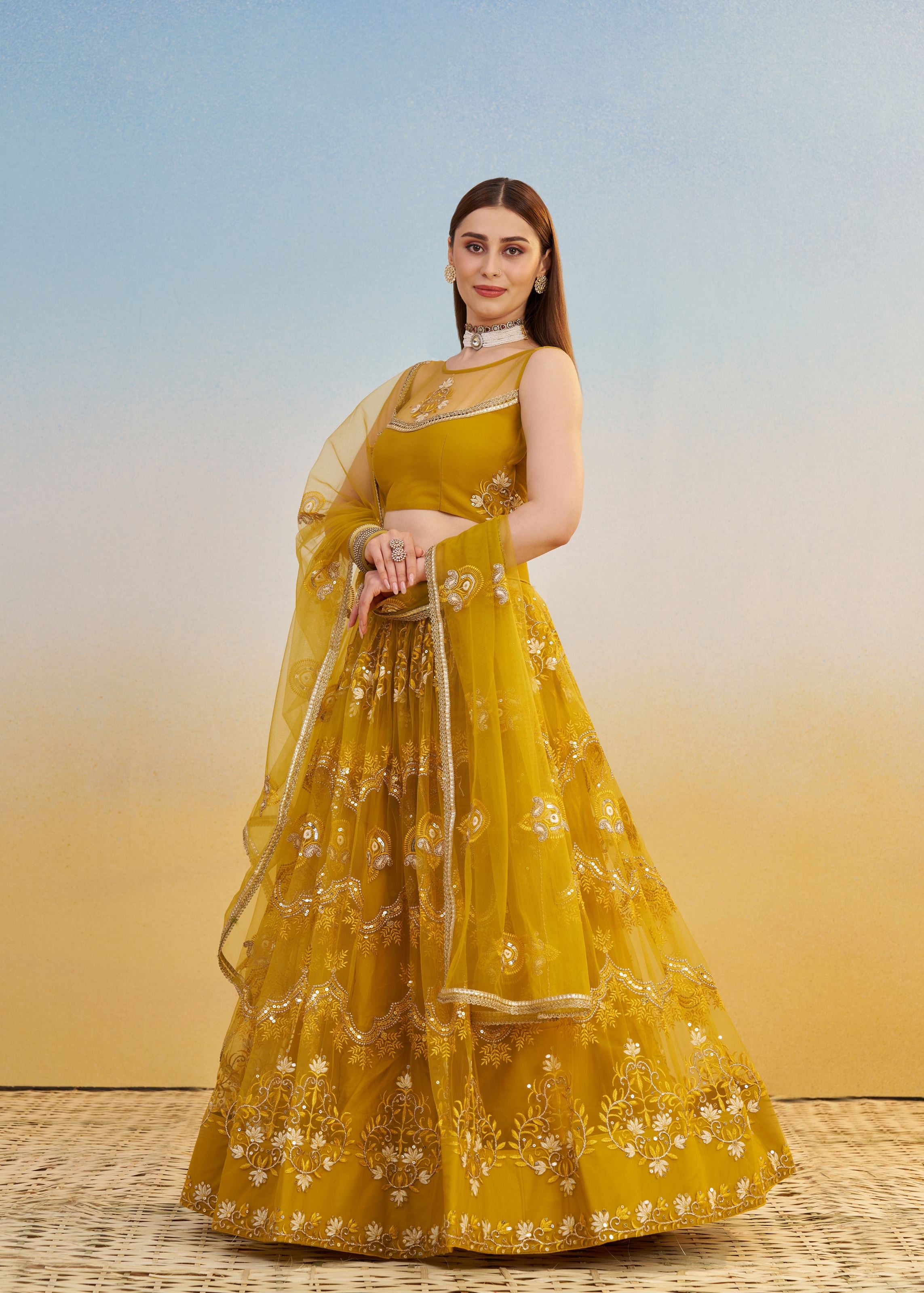 Mustard yellow Lehenga Choli With Tone To Tone Thread Work Zari Work and Sequence Work Embroidery With Readymade Fancy Lace