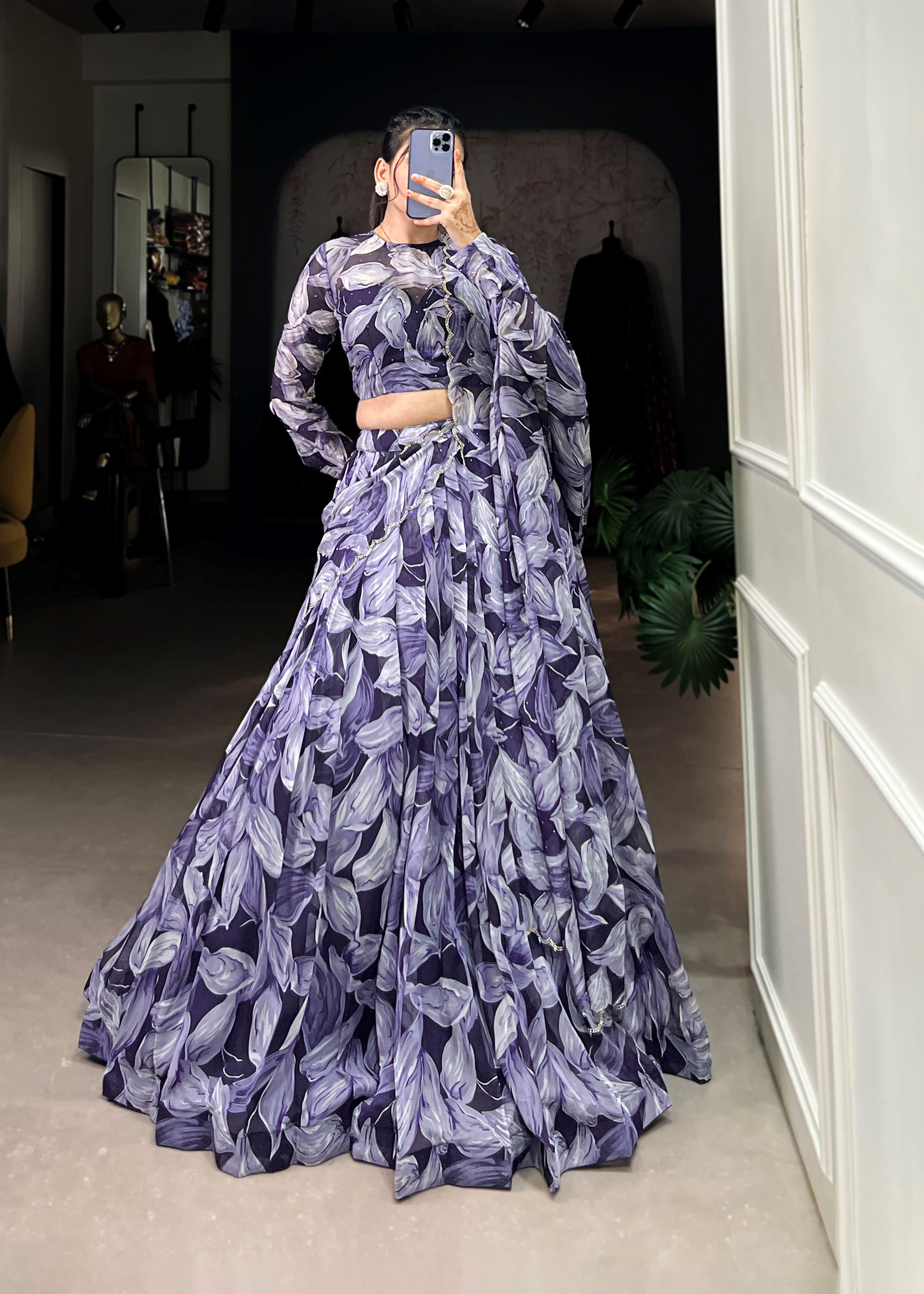 Navy Blue Elegance Printed Tabby Silk Lehenga with Hotfix Work