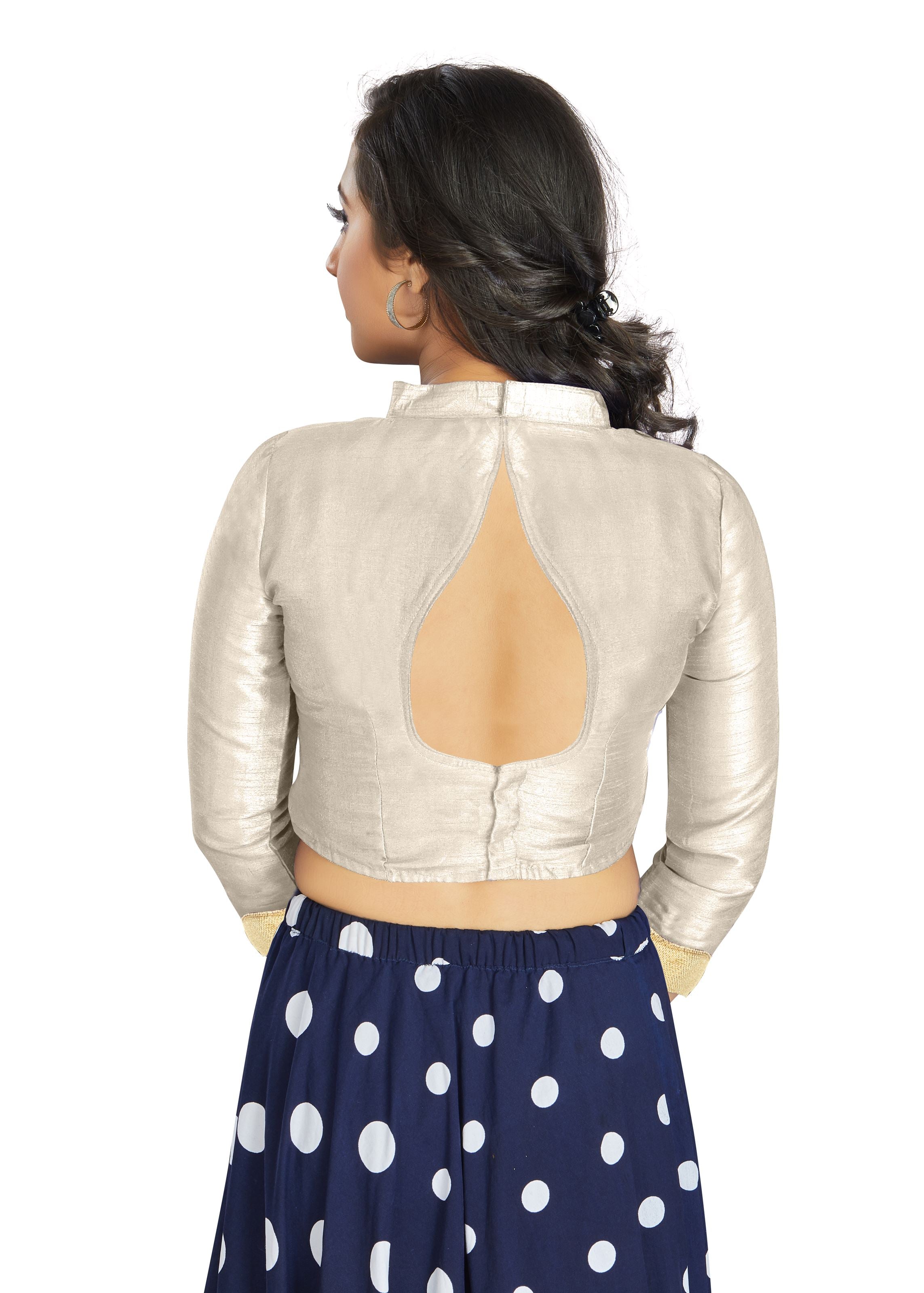 Off White Art Silk V Neck Chinese Collar Blouse With Matty In Sleeve