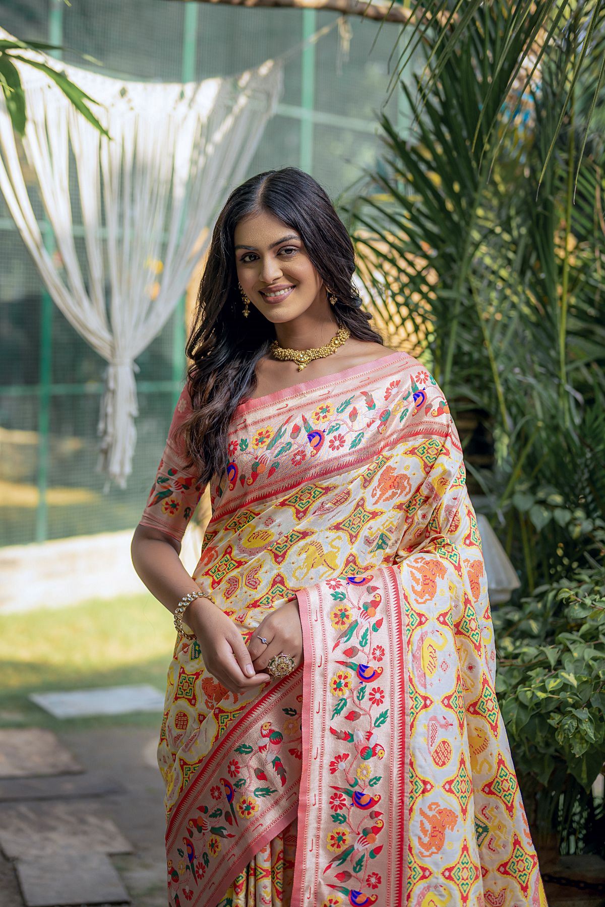 Off White Paithani Silk Saree with Meenakari Zari and Pallu