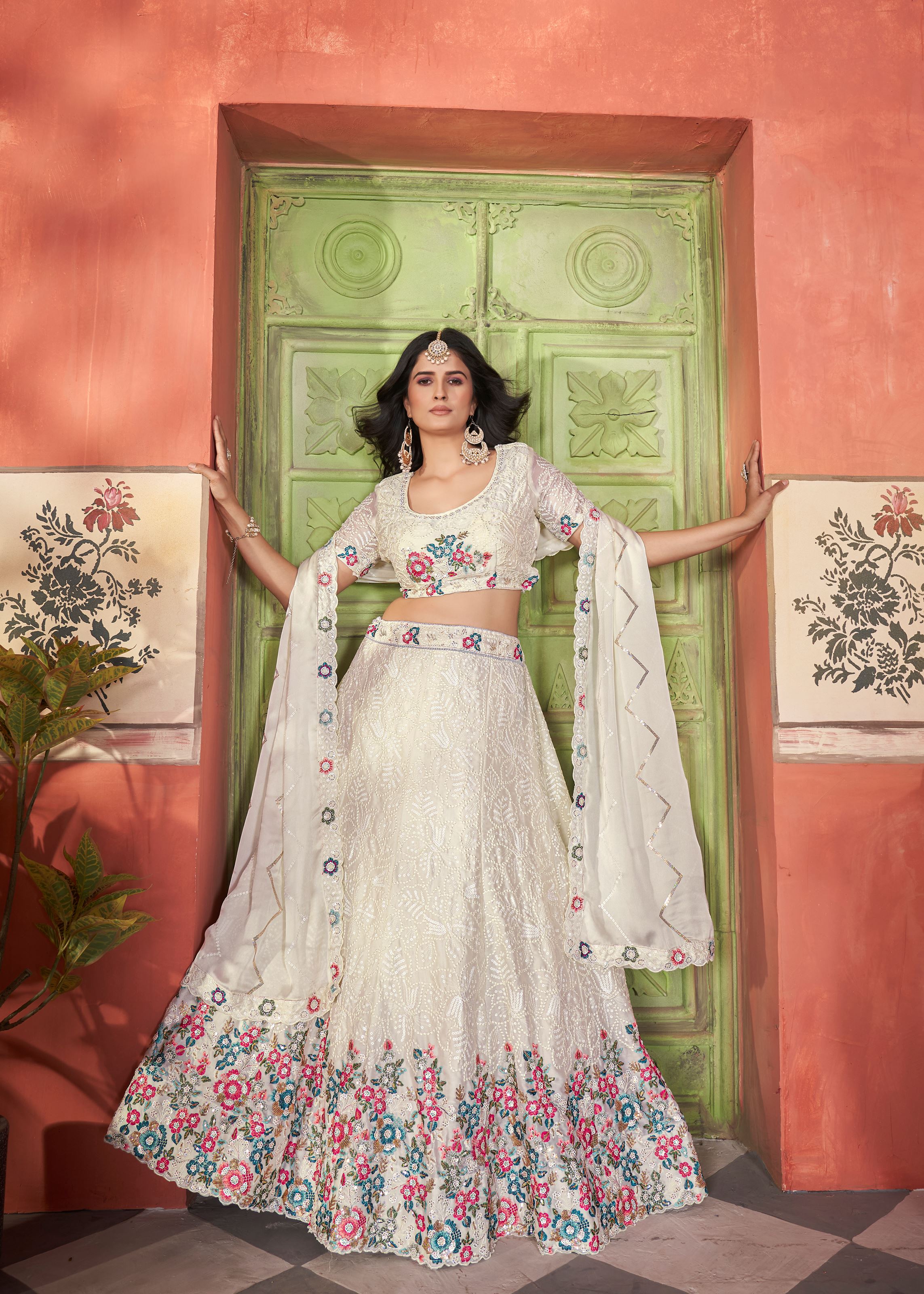 Offwhite Chinnon Lehenga with Multi Thread Copper Sequin Work