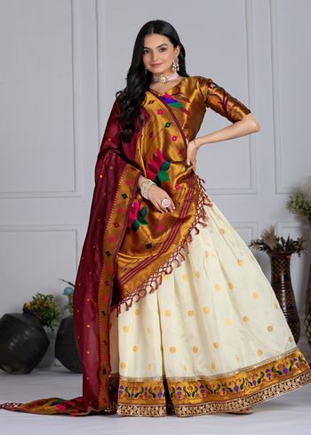 Offwhite Lehenga Choli With Jacquard With Zari Weaving With Embroidery Lace Attached