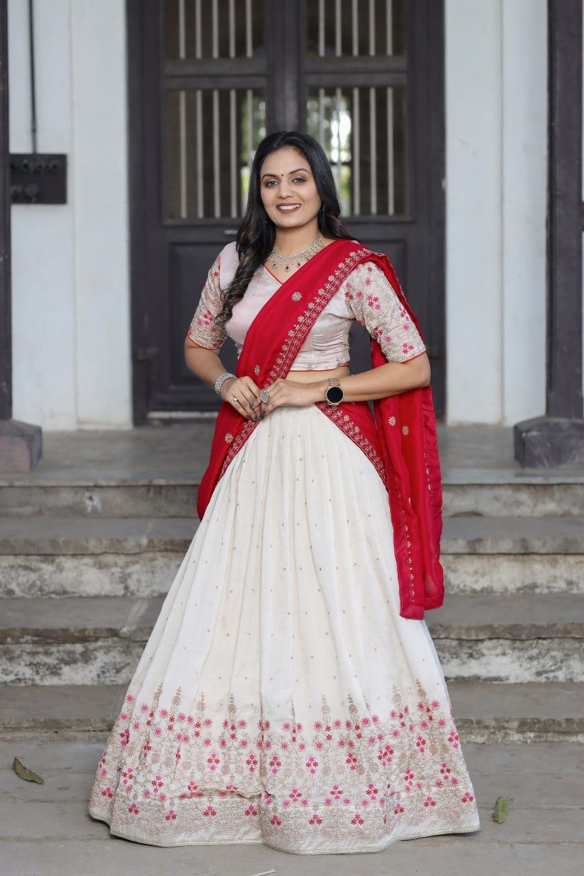 Off-White Lehenga Choli with Sequins and Thread Embroidery Work