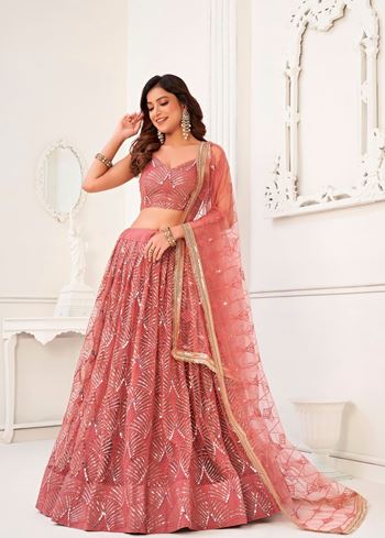 OnionPink Net Lehenga Choli With Thread Embroidery Real Mirror Work