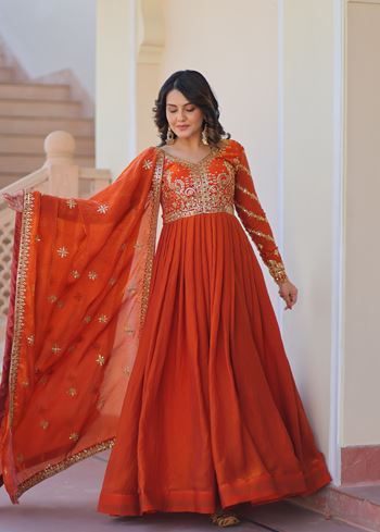 Orange Anarkali With Heavy Zari Sequins Embroidered work