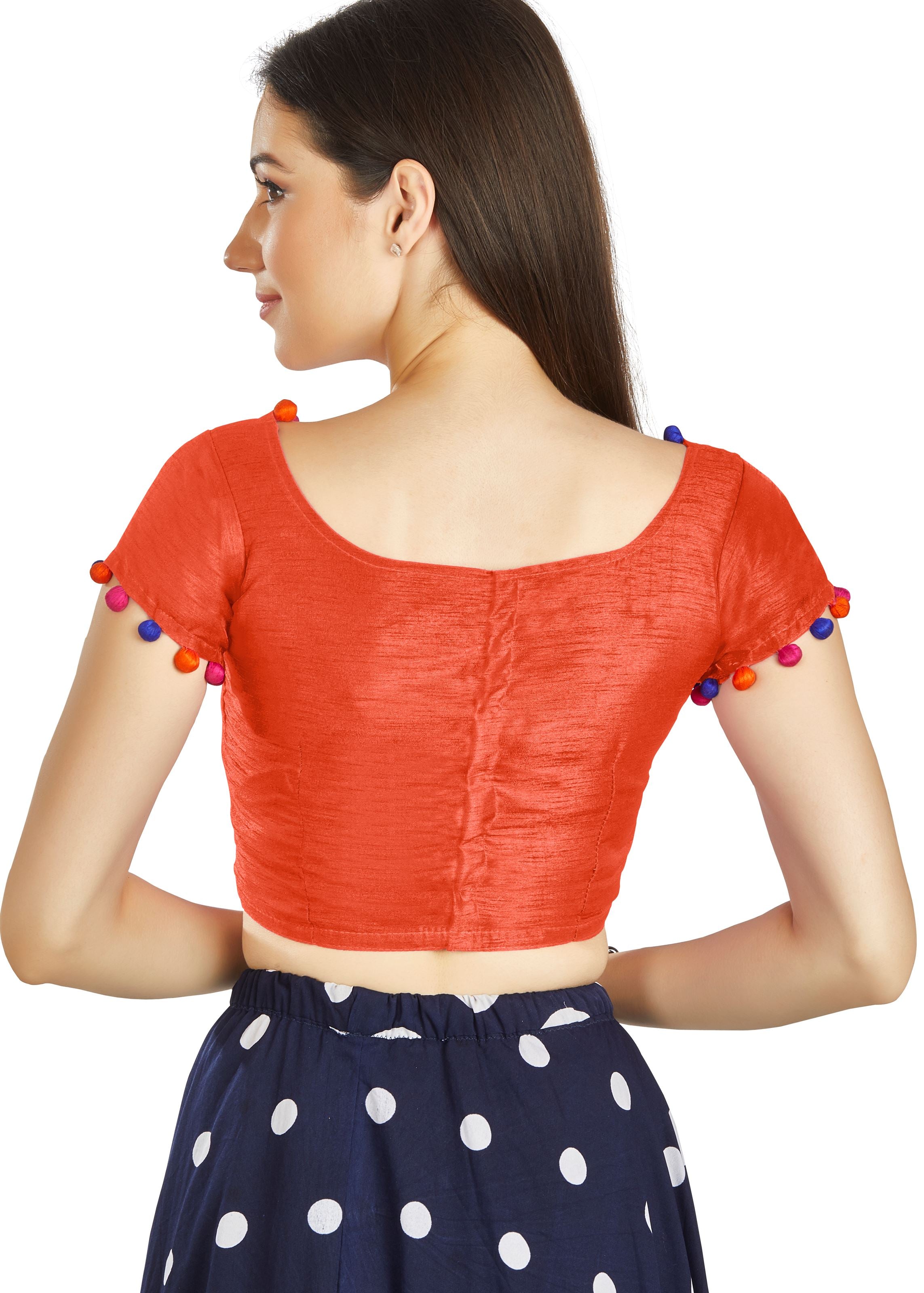 Orange Art Silk Boat Neck Blouse With Potli Design In Neck Or Sleeve