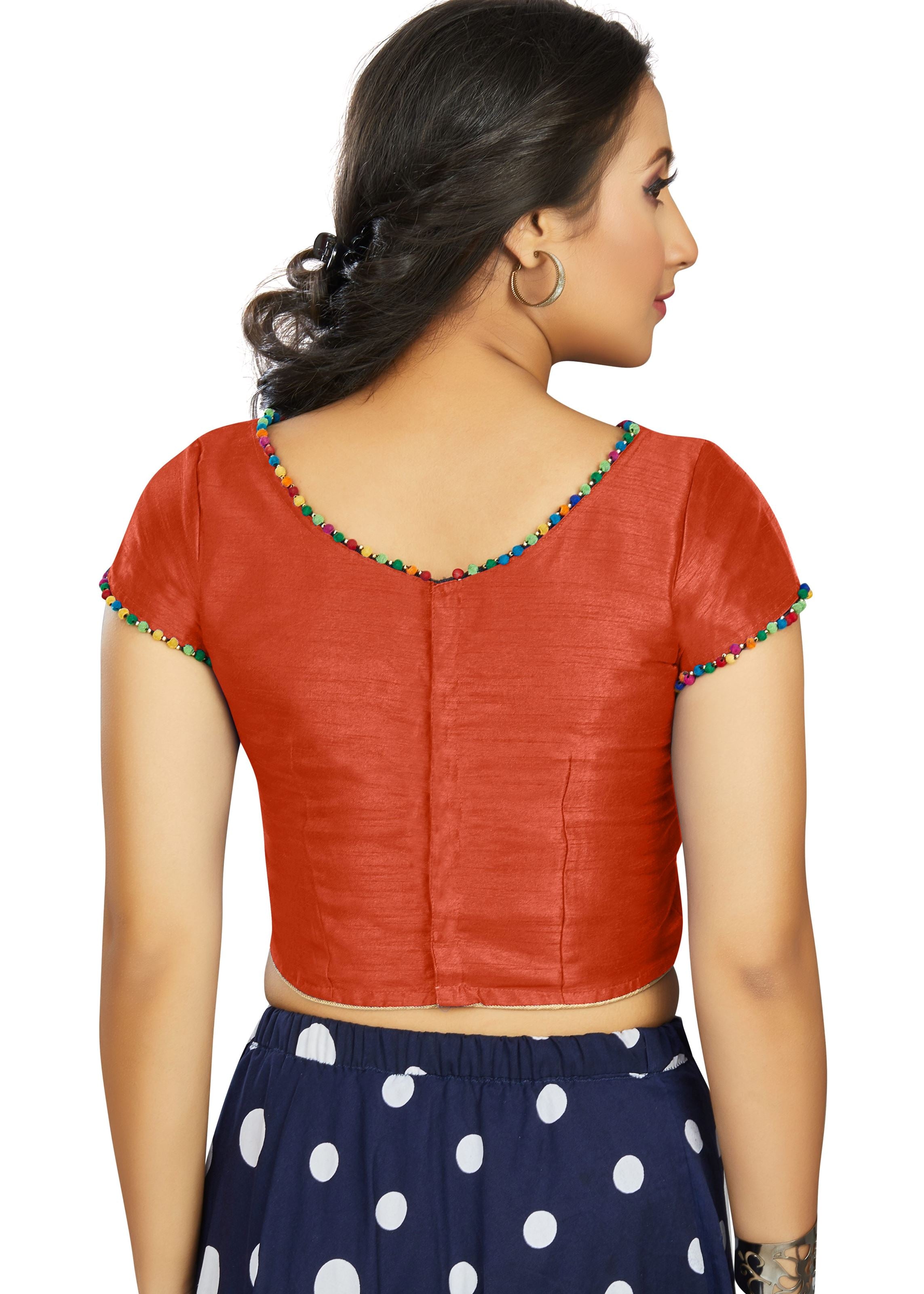 Orange Art Silk Boat Neck Plain Blouse