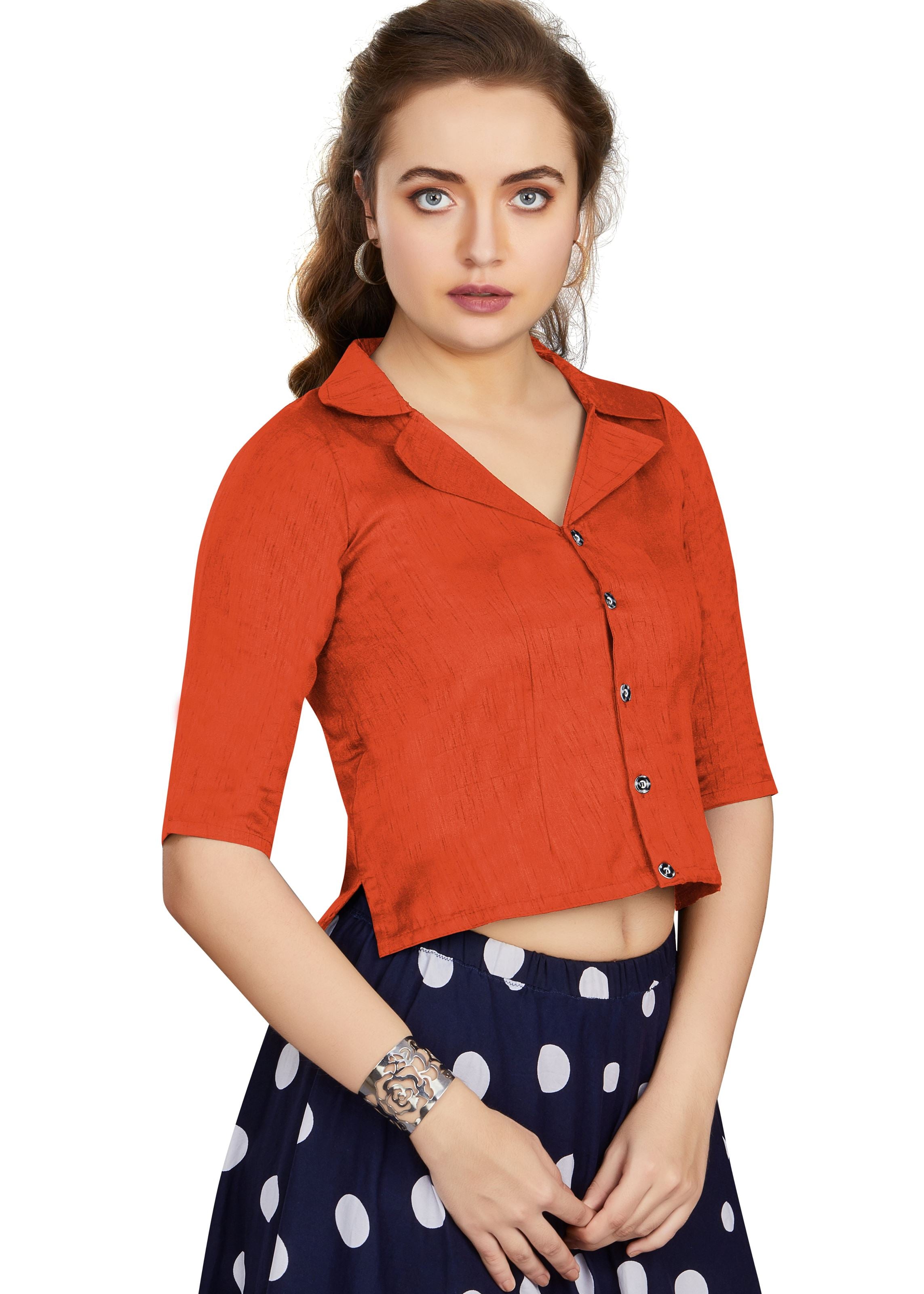Orange Art Silk Collar Neck Plain Blouse