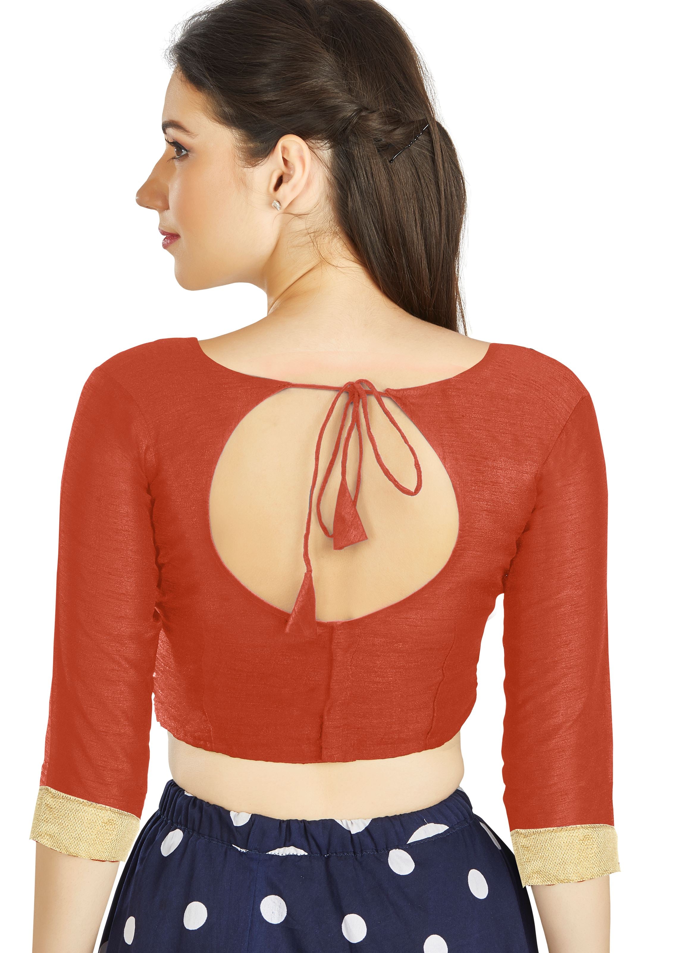 Orange Art Silk Sweet Heart Neck style Blouse With Matty in Sleeves