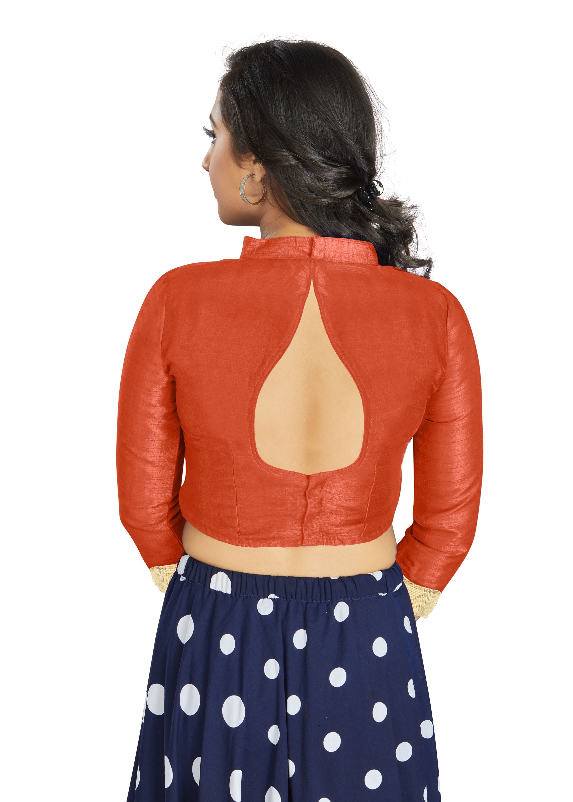 Orange Art Silk V Neck Chinese Collar Blouse With Matty In Sleeve