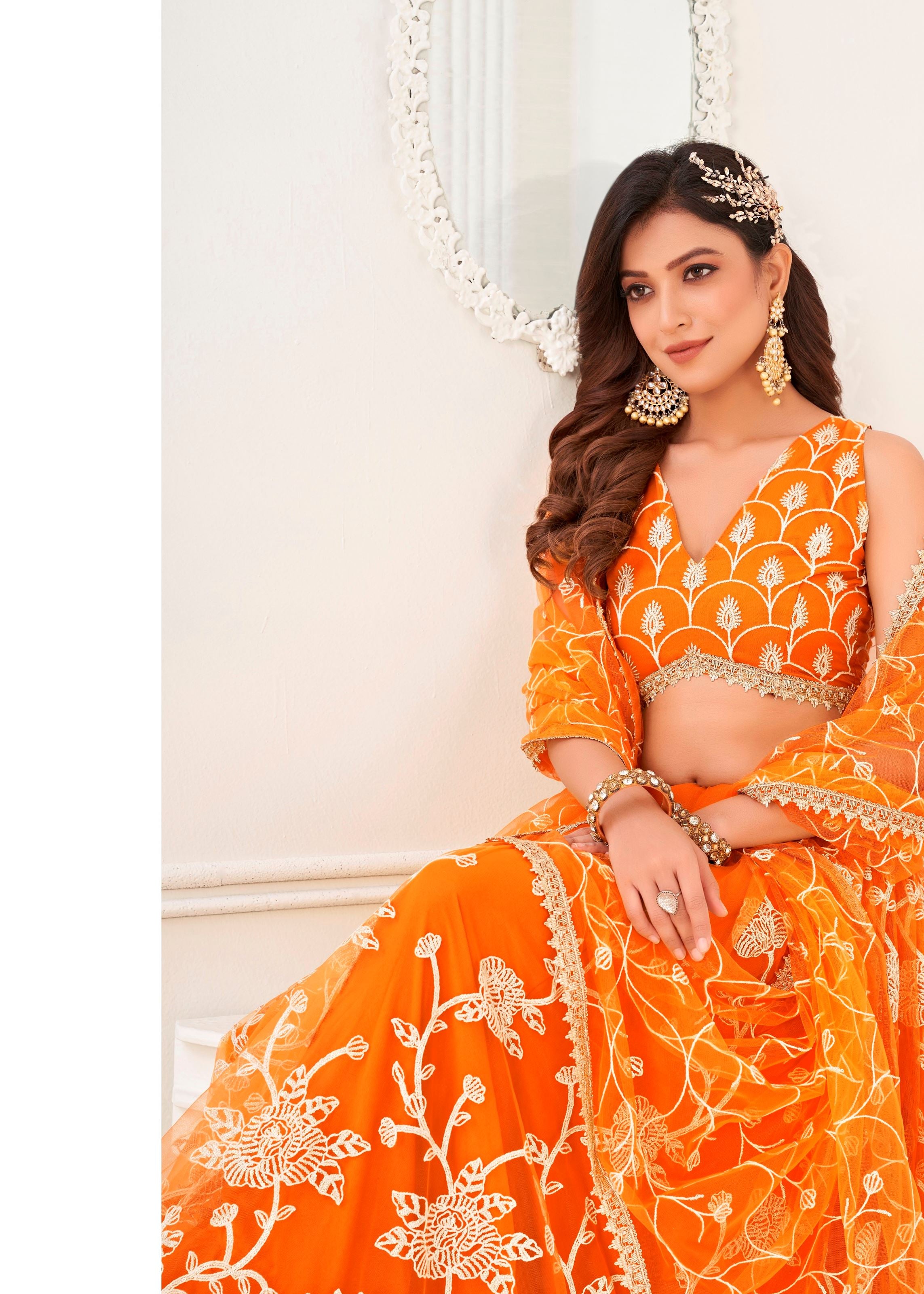 Orange Butterfly Net Lehenga Choli With Embroidery And Sequins Work