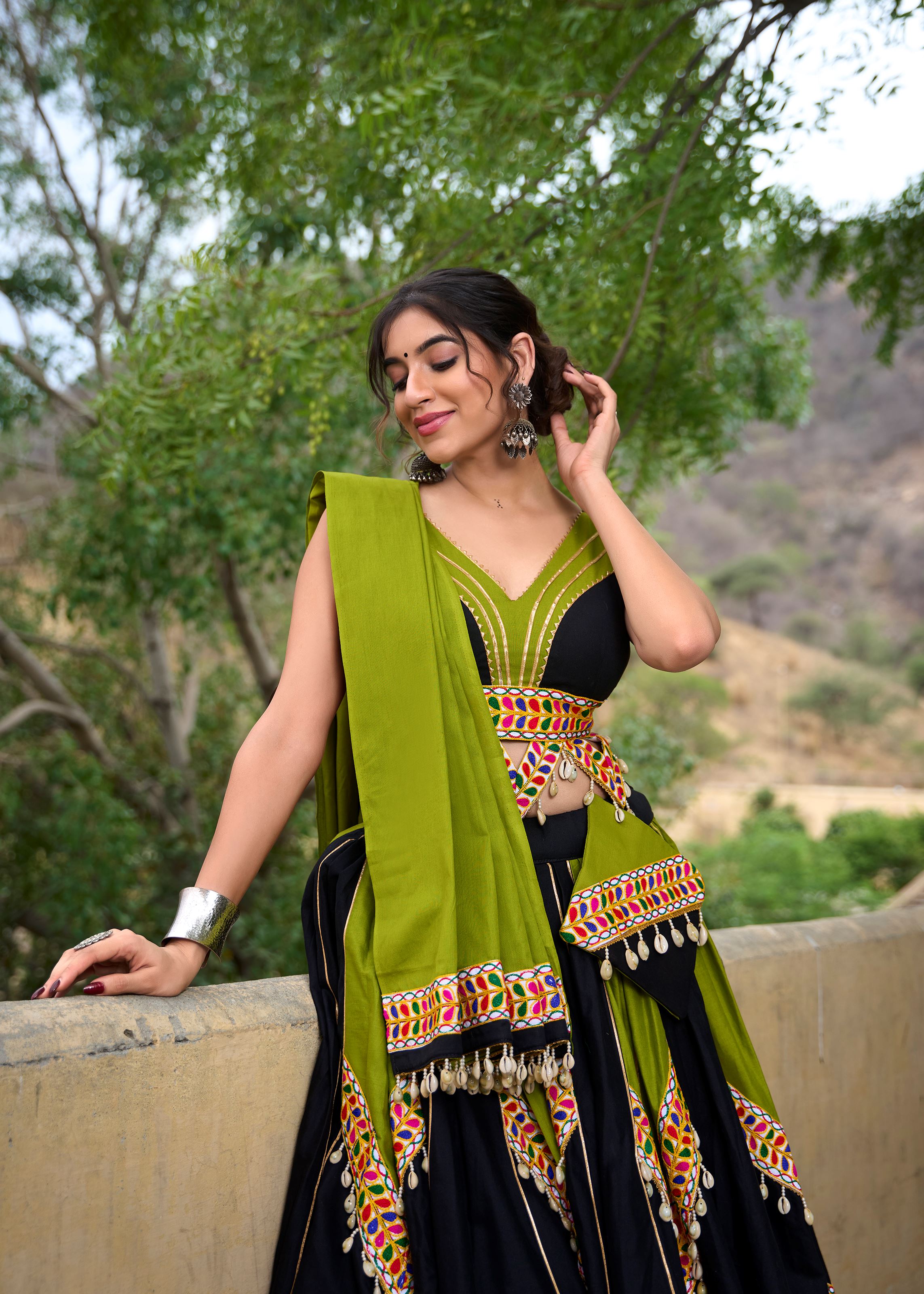 Parrot-Black Gamthi Work Lehenga Choli with Gota Patti Kodi Lace