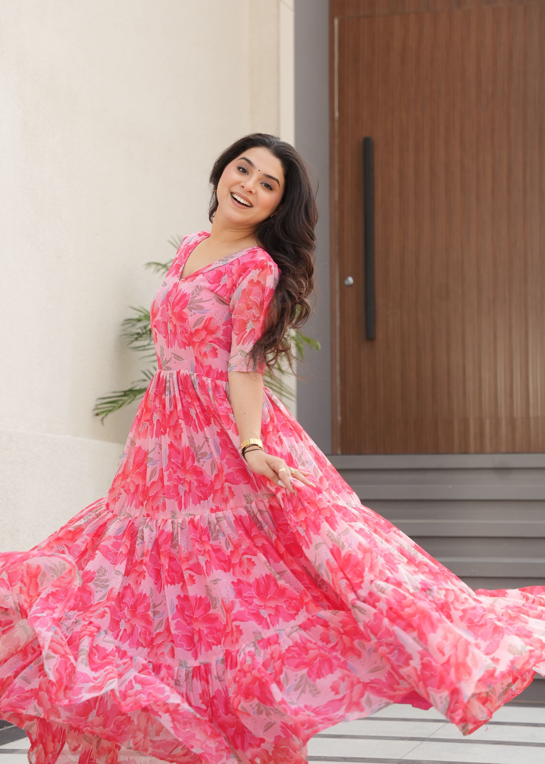 Peach Faux Georgette Gown With Printed