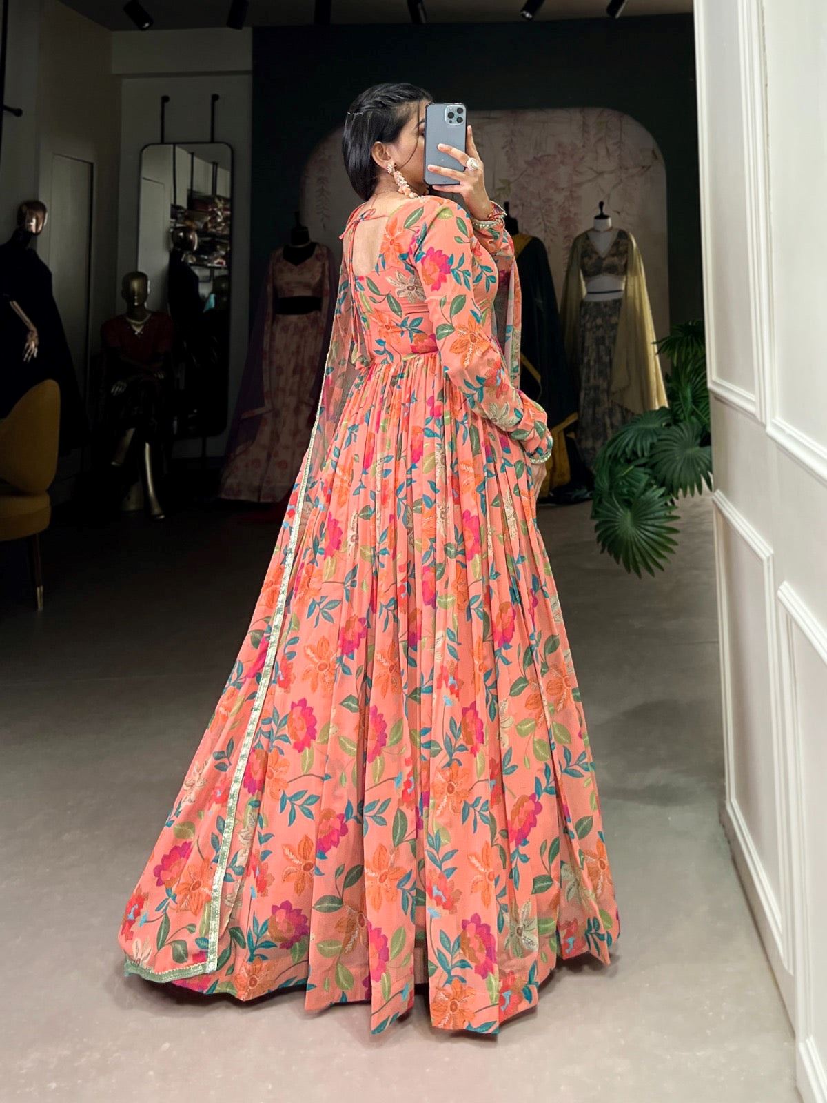 Peach Georgette Gown With Print