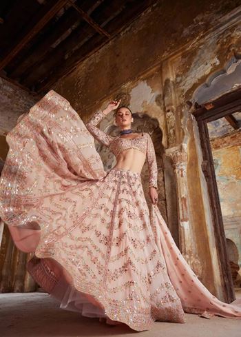 Peach Lehenga Choli With Paper Mirror Zari Thread Work