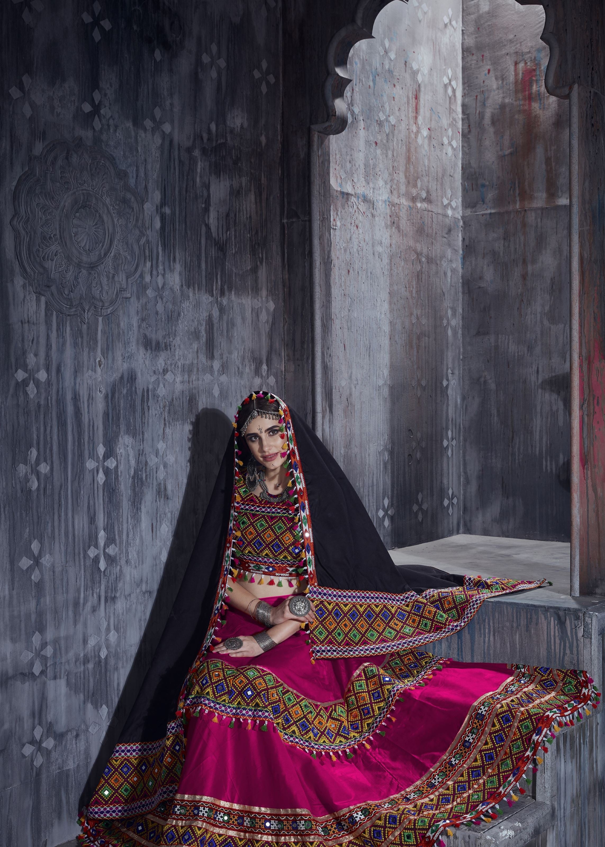 Pink And Black Navratri Chaniya Choli With Gamthi Lace Work With Mirror Work