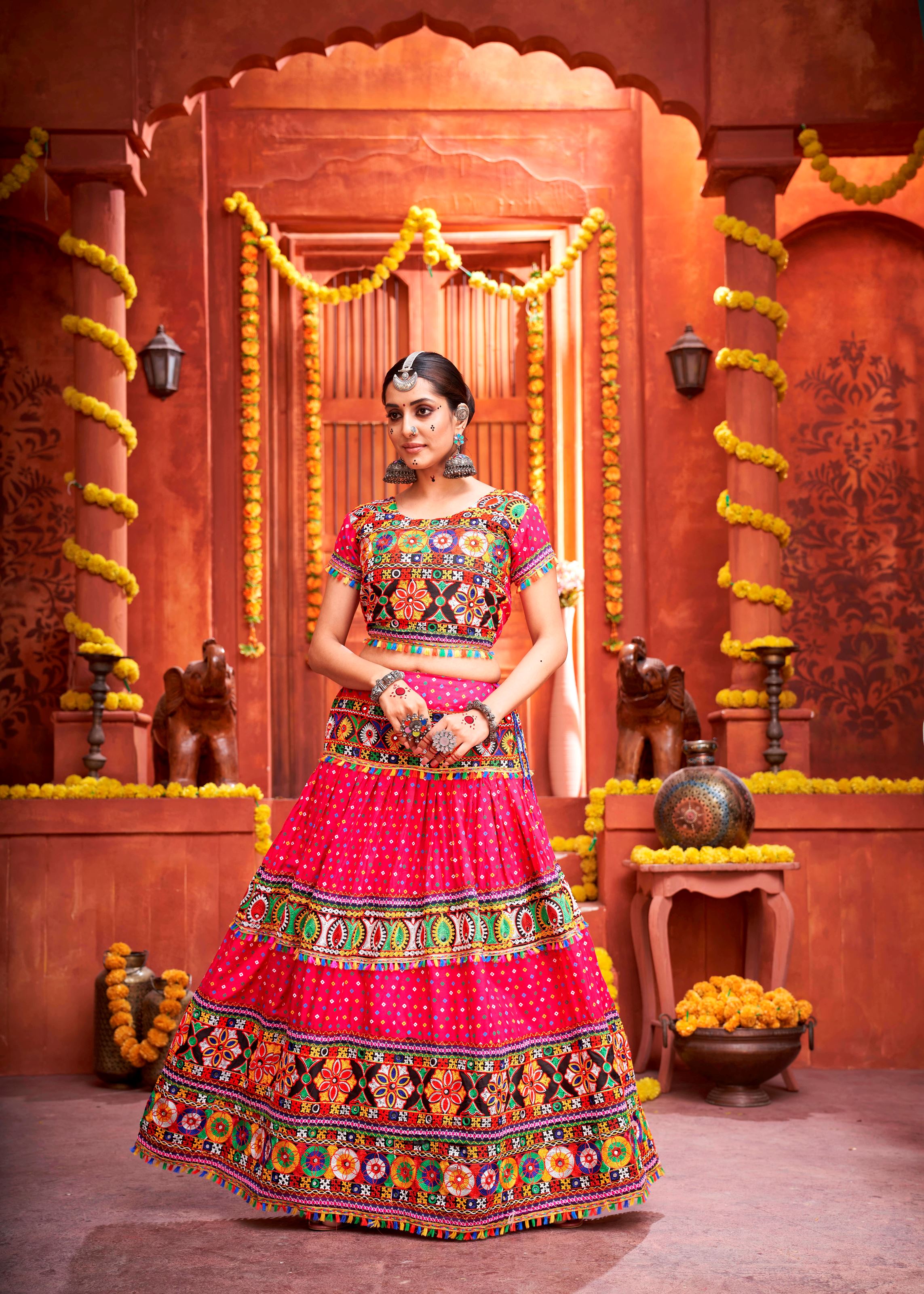 Pink And Royal Blue Navratri Chaniya Choli With Bandej Print With Gamthi Work And Real Mirror Work