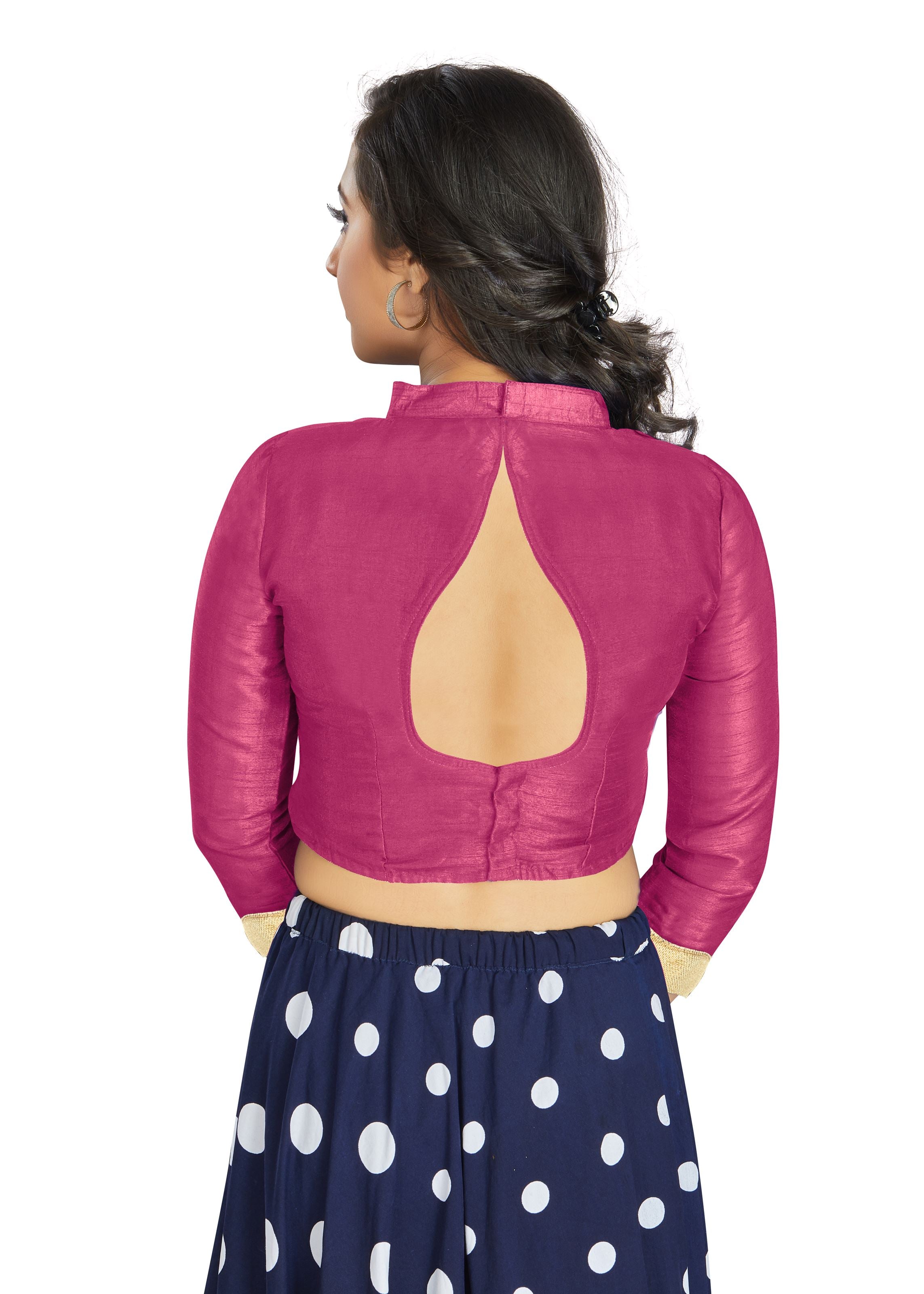 Pink Art Silk V Neck Chinese Collar Blouse With Matty In Sleeve