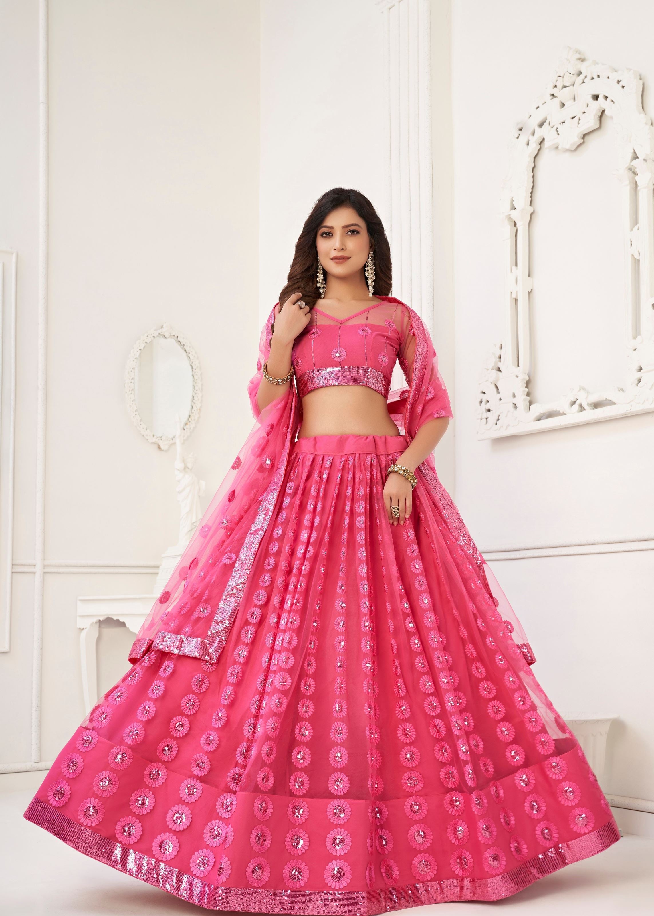 Pink Butterfly Net Lehenga Choli With Tone To Tone Thread Embroidery And Sequins Work