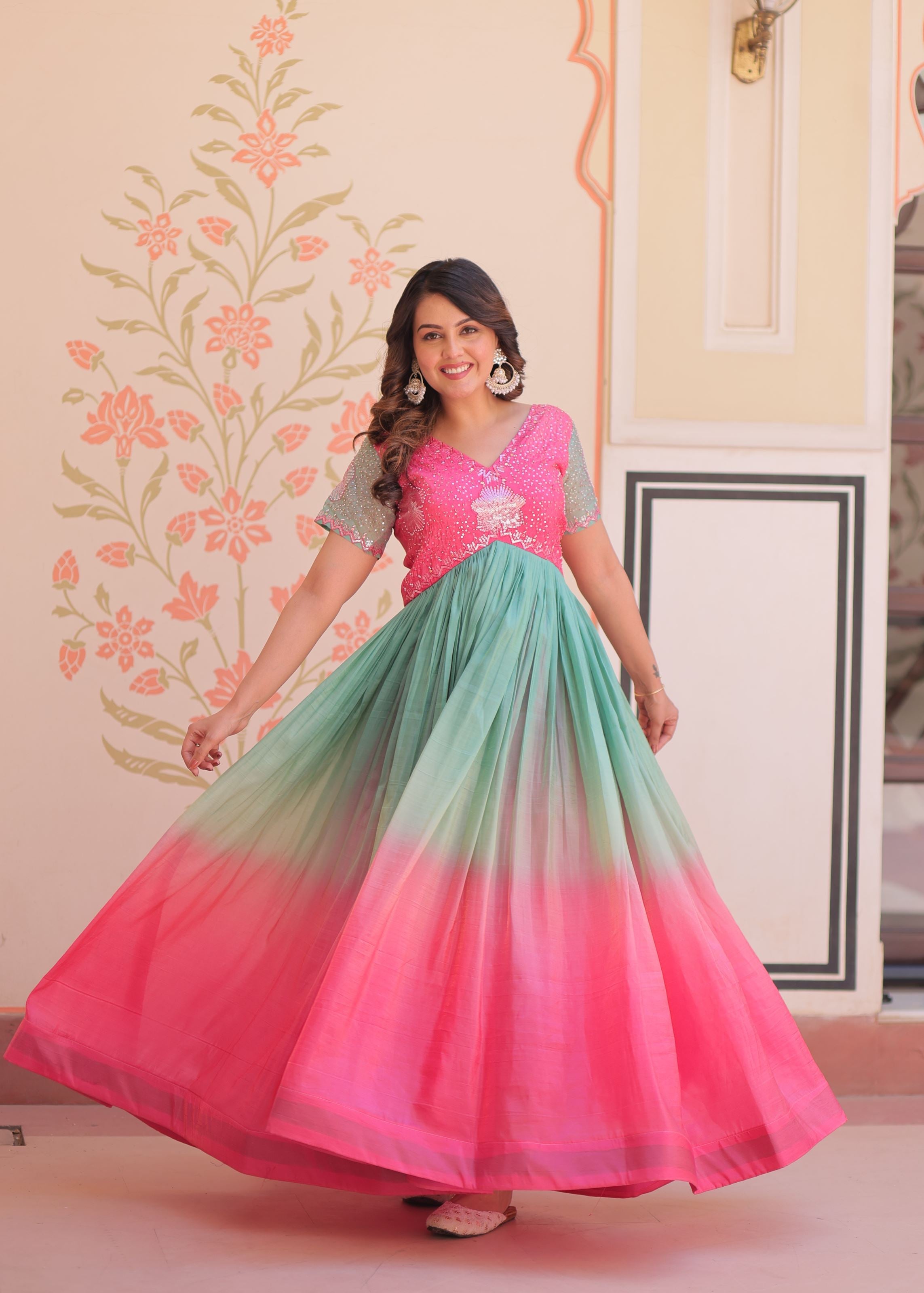 Pink Gold Crush Gown With Embroidered Work