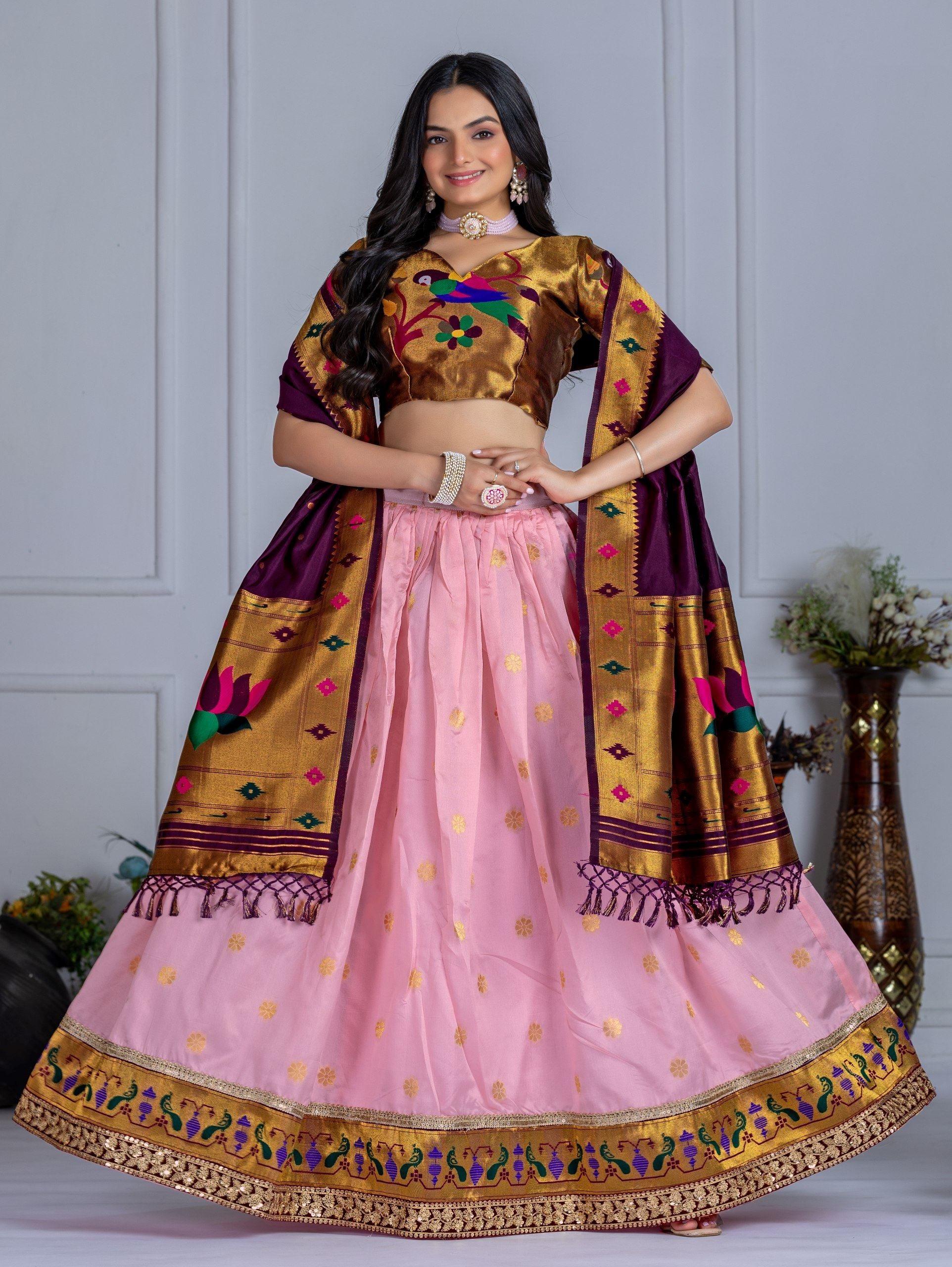 Pink Lehenga Choli With Jacquard With Zari Weaving With Embroidery Lace Attached