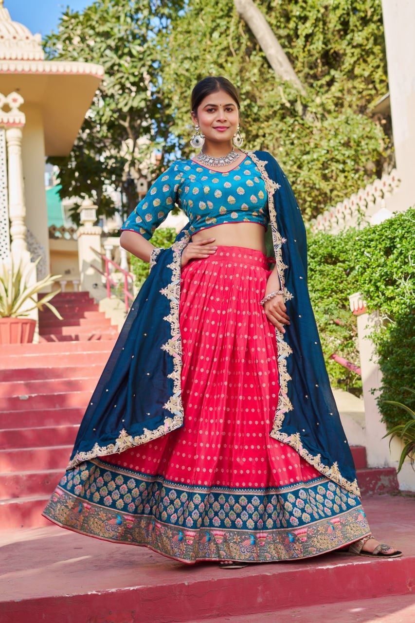 Pink Lehenga Choli with Viscose Position Print and Jacquard Touch-Up