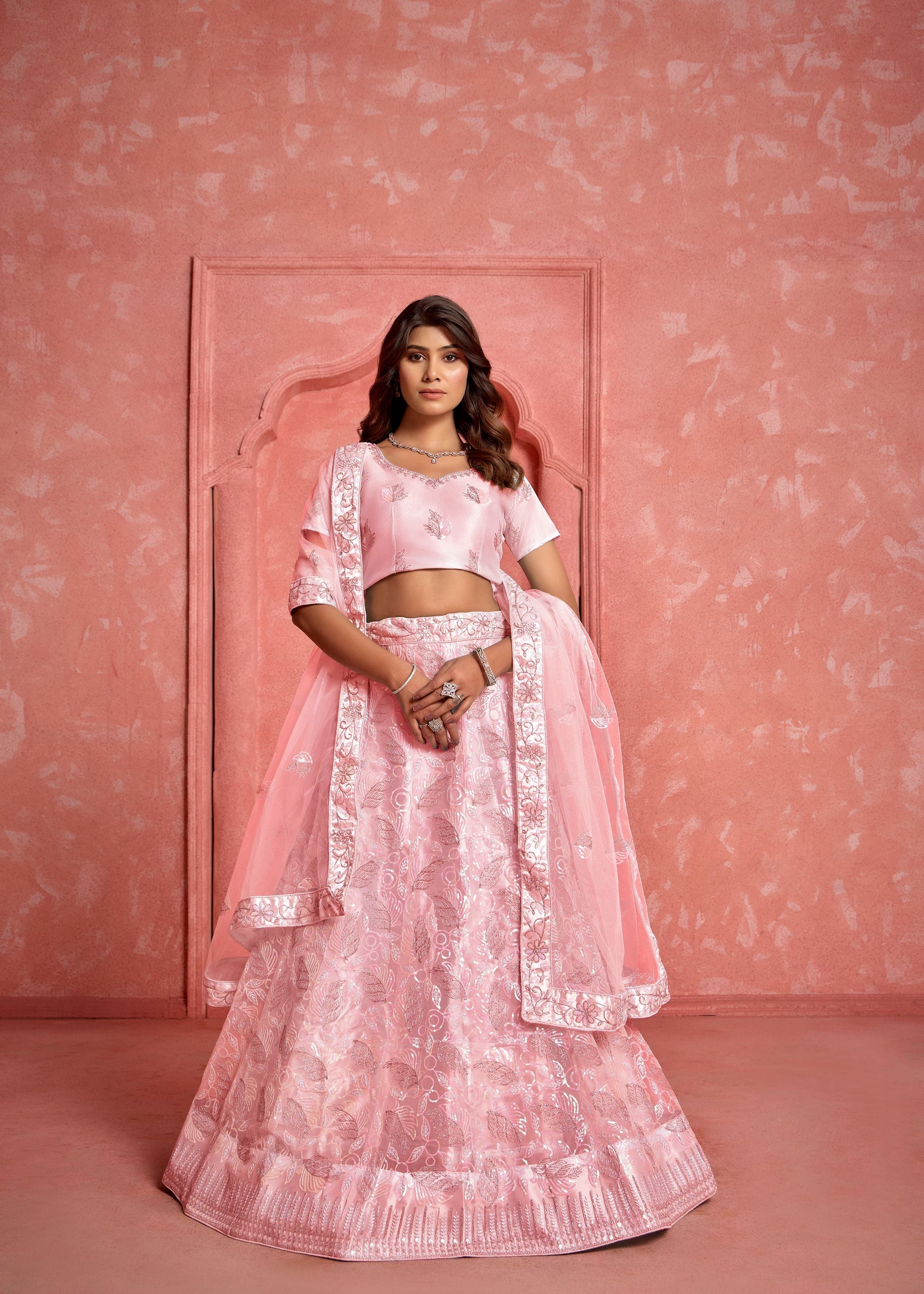 Lipgloss Pink Net Lehenga with Sequence Accents