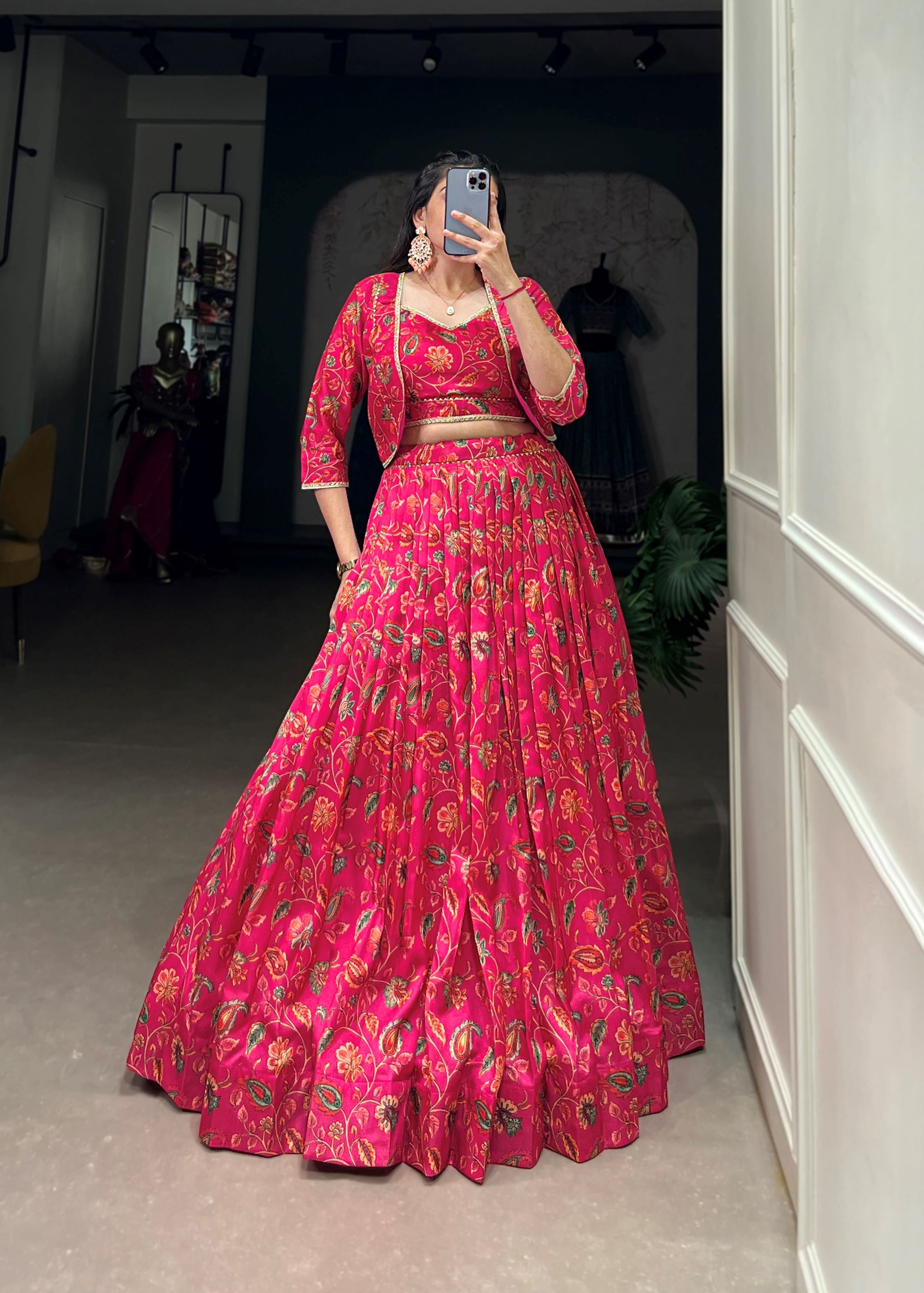 Pink Tussar Silk Lehenga with Delicate Florals Gota Patti Details