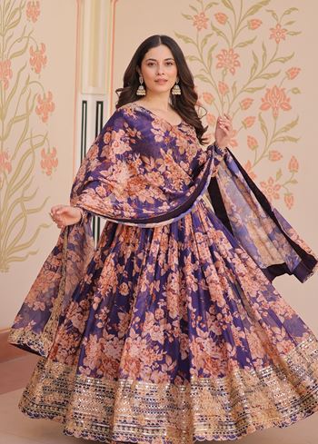 Purple Anarkali With Heavy Digital Print With Embroidered Sequins Work