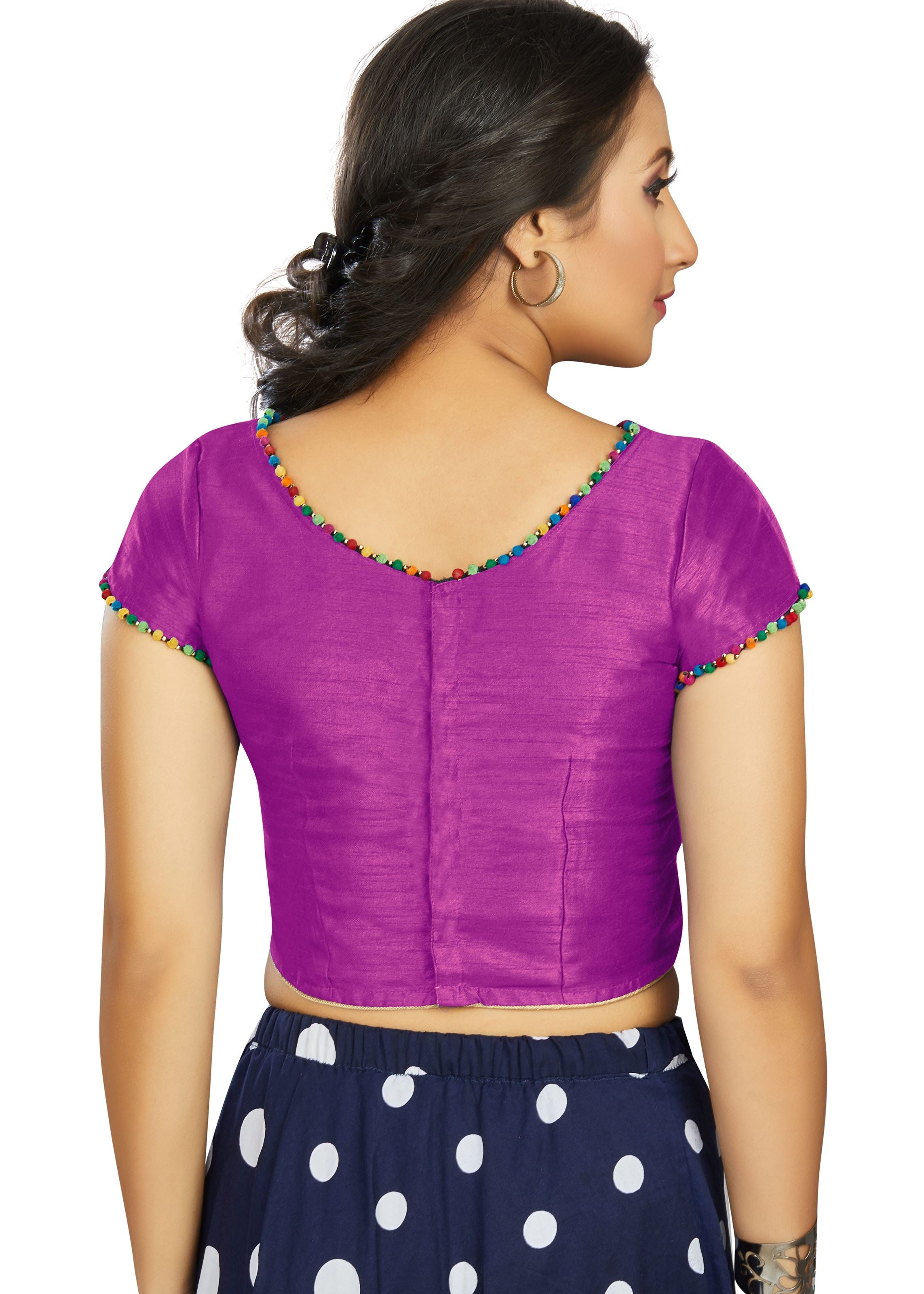 Purple Art Silk Boat Neck Plain Blouse