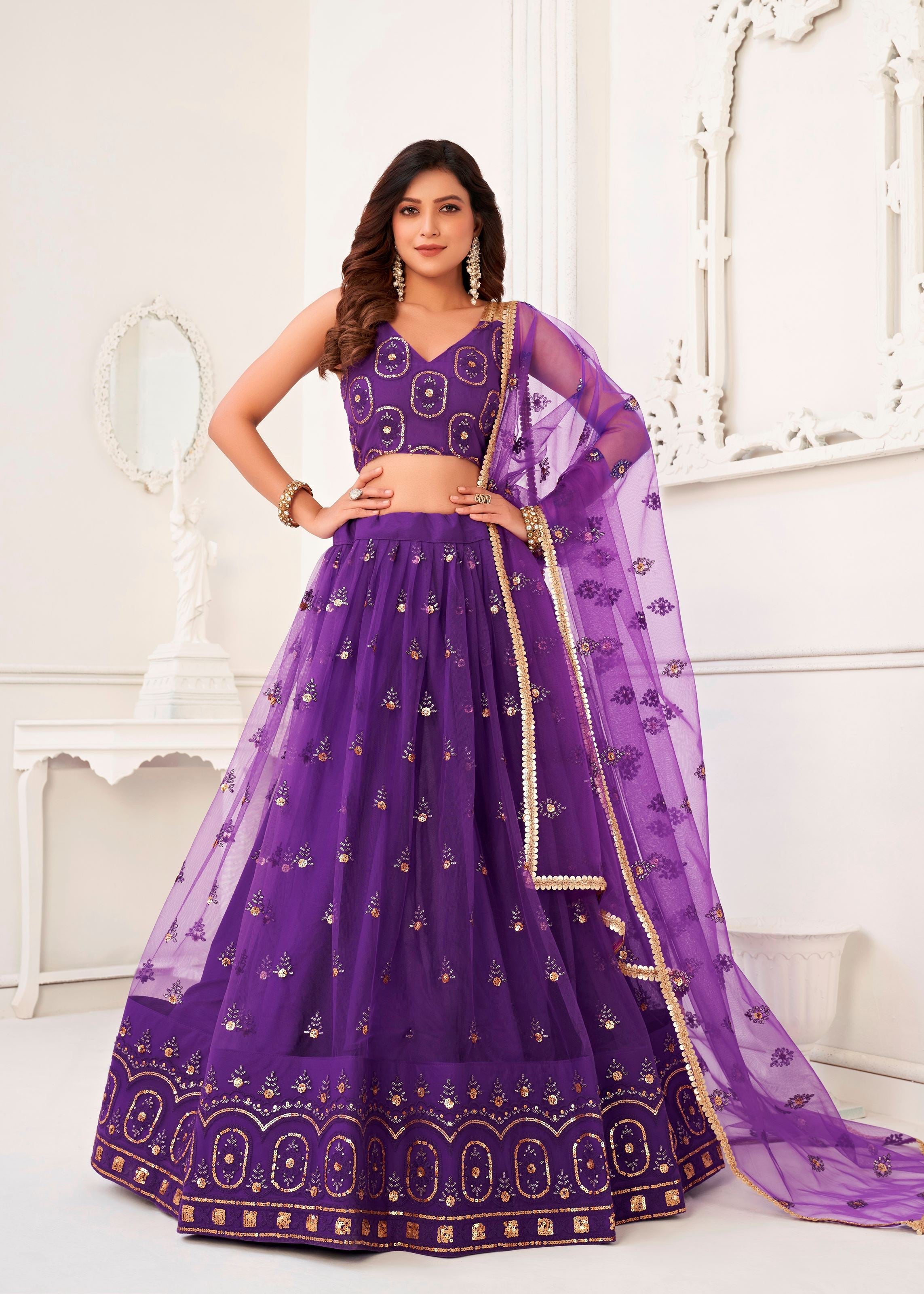 Purple Butterfly Net Lehenga Choli With Thread And Zari Sandwich Sequence Embroidery Work