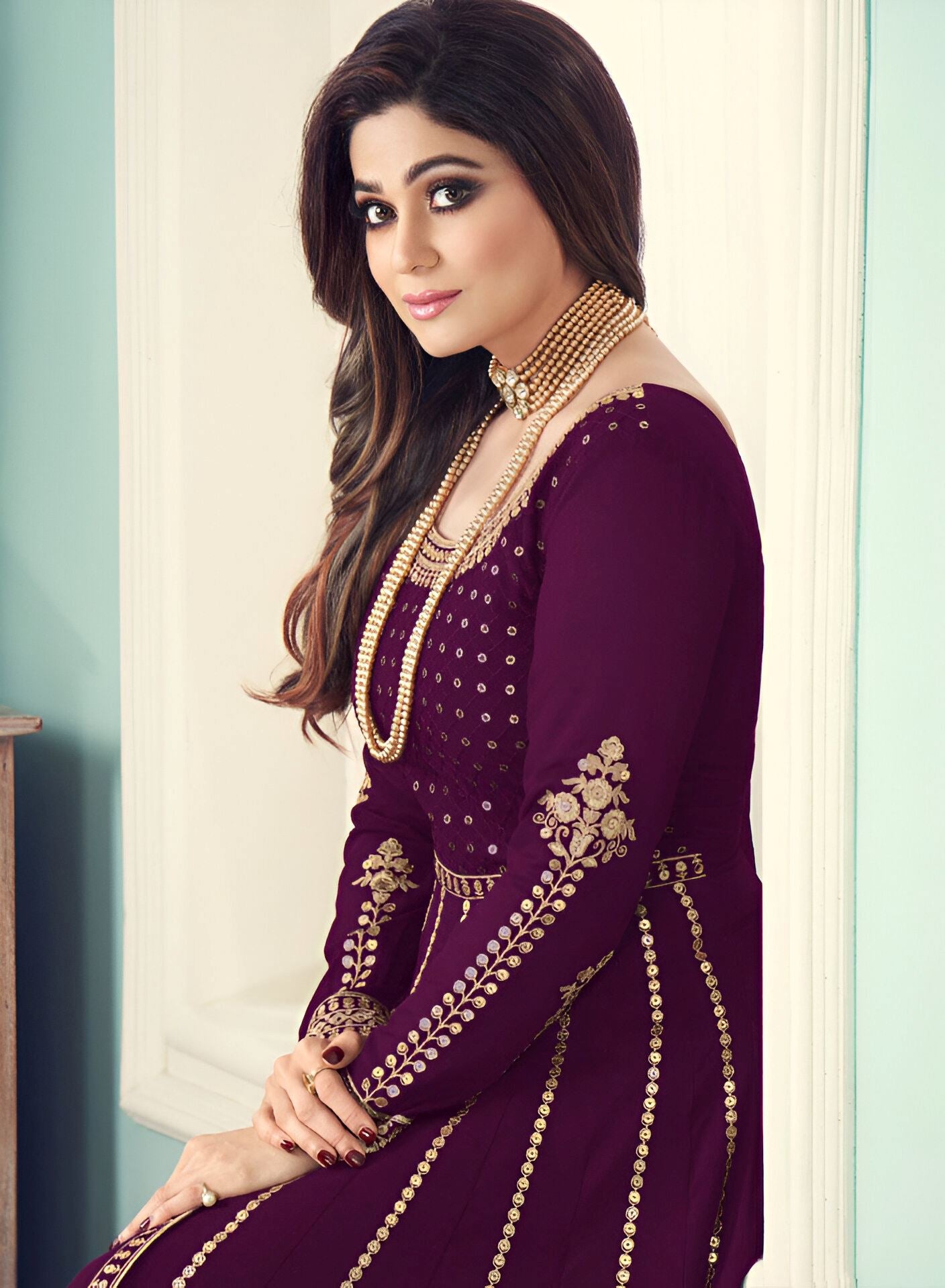 Purple Heavy Designer Suit With Heavy Embroidery Work