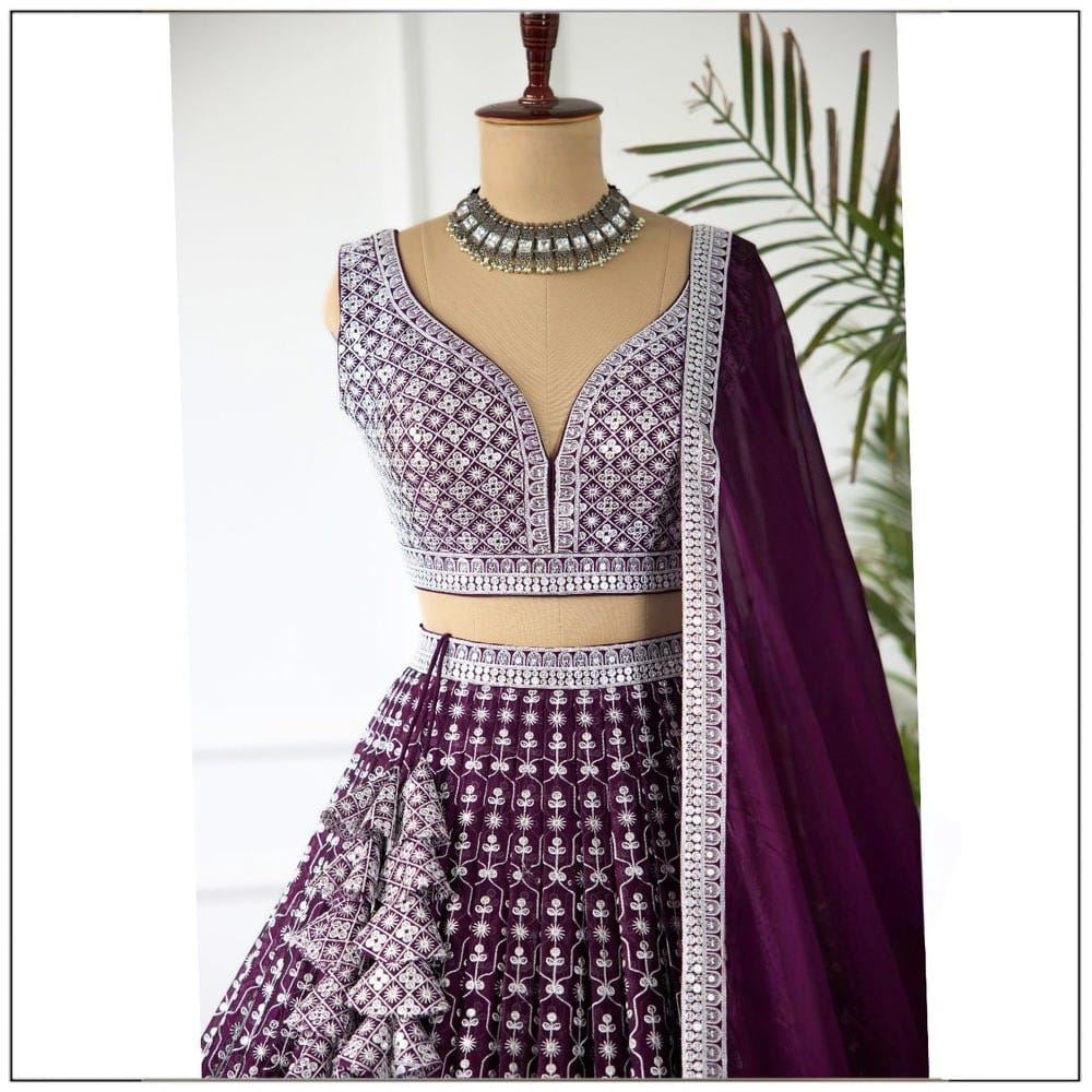Purple Lehenga Choli With Sequins With Cotton Thread Embroidery Work